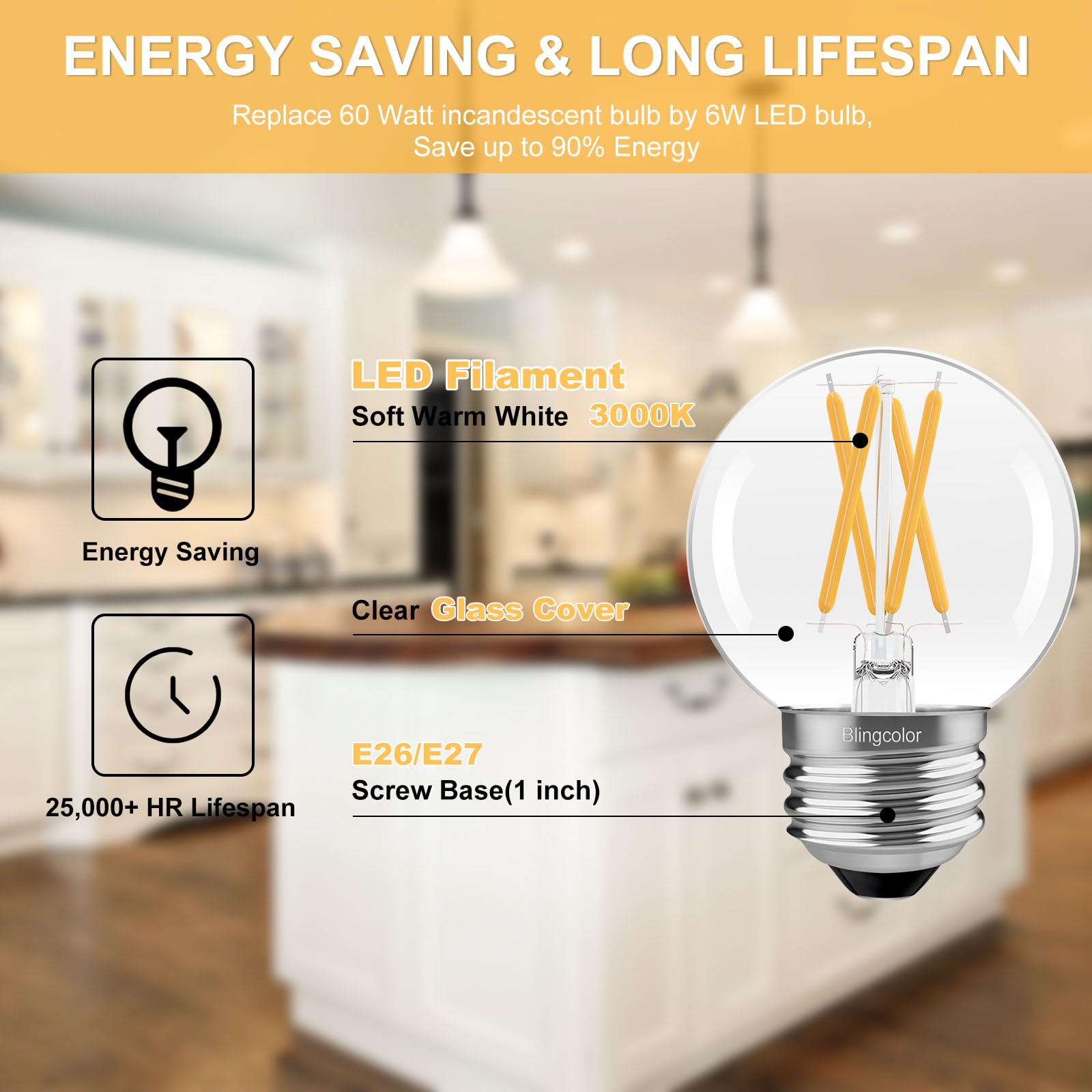 Blingcolor 6 Pack Dimmable G16.5 Led Light Bulbs 60 Watt, E26 Led Bulbs 60 Watt Soft White 3000K, 6W E26 Globe Led Edison Small