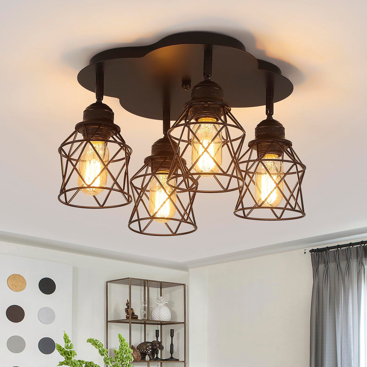4-Lights Kitchen Light Fixtures Ceiling Mount, Adjustable Multi-Directional Black Flush Mount Ceiling Light Fixture, Vintage Met