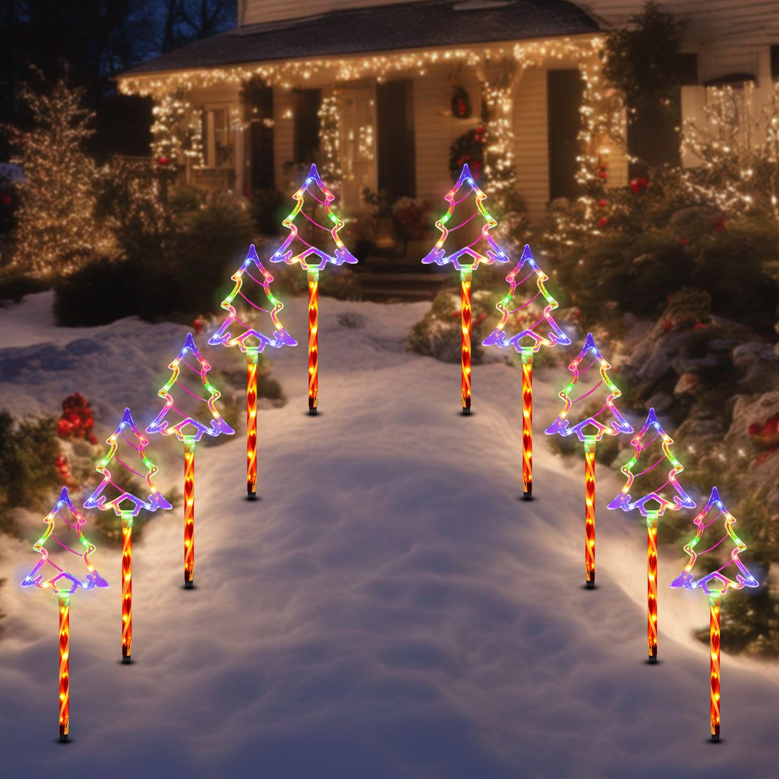 Christmas Solar Pathway Lights Outdoor Decorations  8 Modes Xmas Tree Candy Lights Waterproof Led Garden Stake Light For Walkway Yard Lawn Porch Holiday Decor 5-Pack (Multicolor Tree  10 Pack)