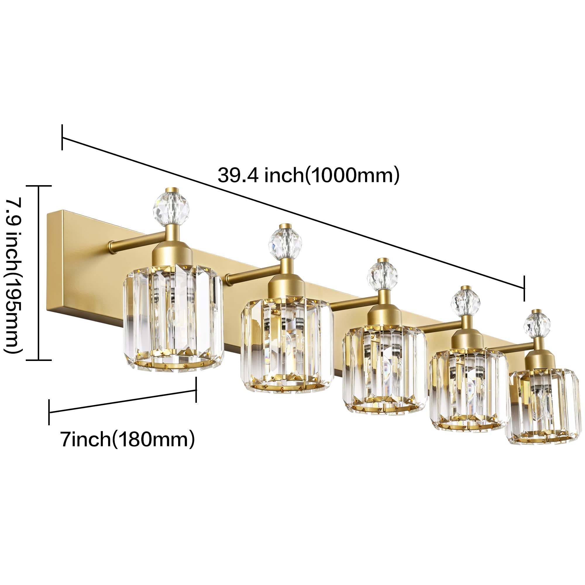 PRESDE Modern Crystal Vanity Light Fixture - 5 Light Bathroom Wall Light - Gold Finish, Stainless Steel with Metal