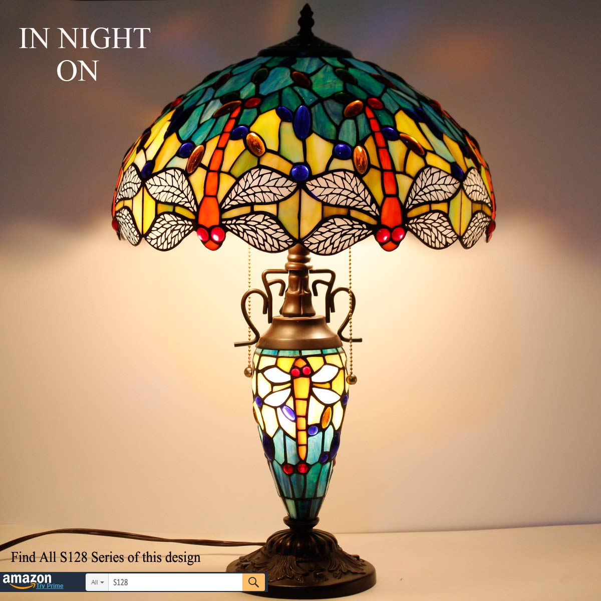 WERFACTORY Tiffany Table Lamp, Dragonfly Design, Glass, 16x16x24 Inches, Blue Yellow, S128 Series
