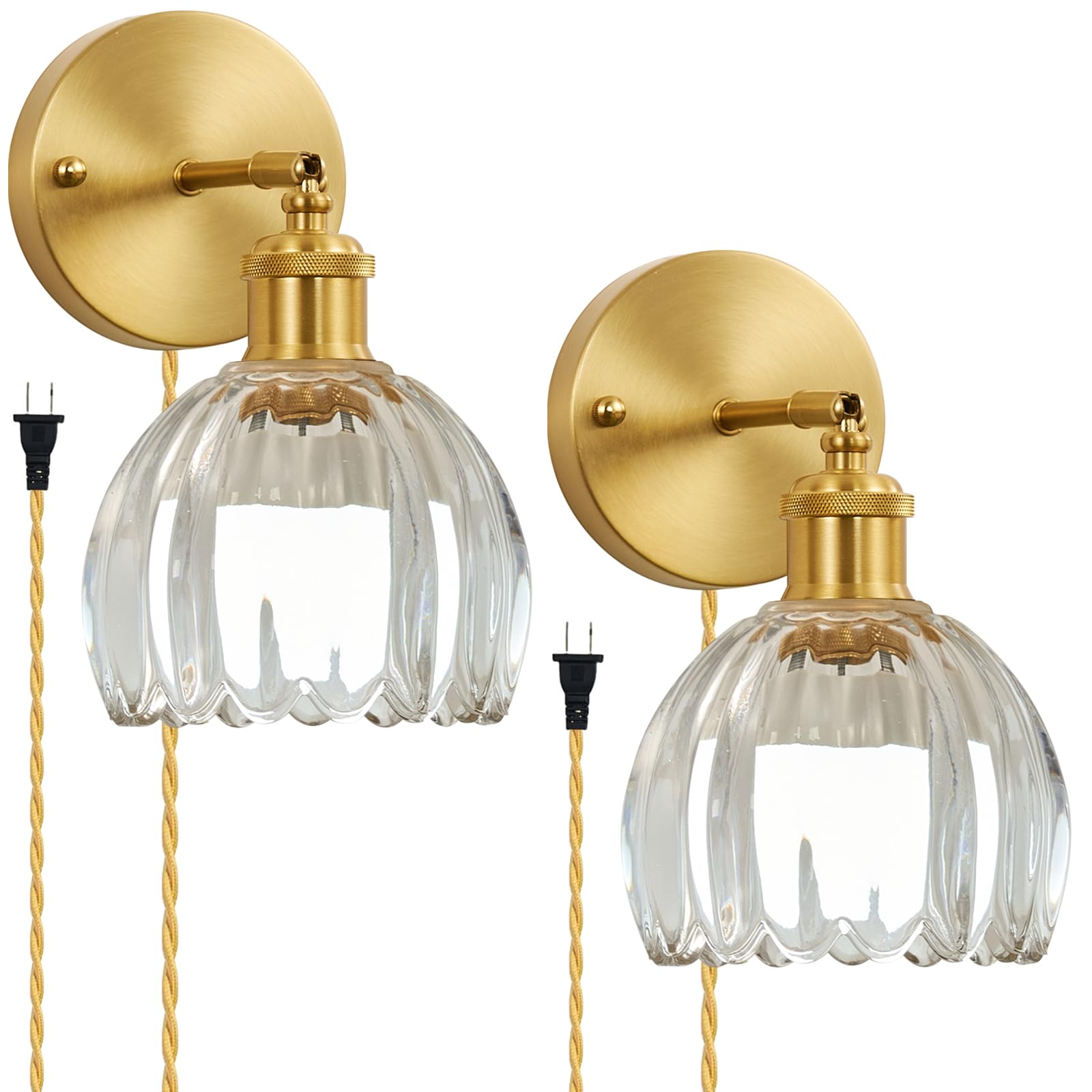 femusytt Plug in Wall Sconces Set of 2, Vintage Wall Lamp with 6.5FT Plug in Cord Clear Tulip Glass Shade Decor Indoor, Gold Wal