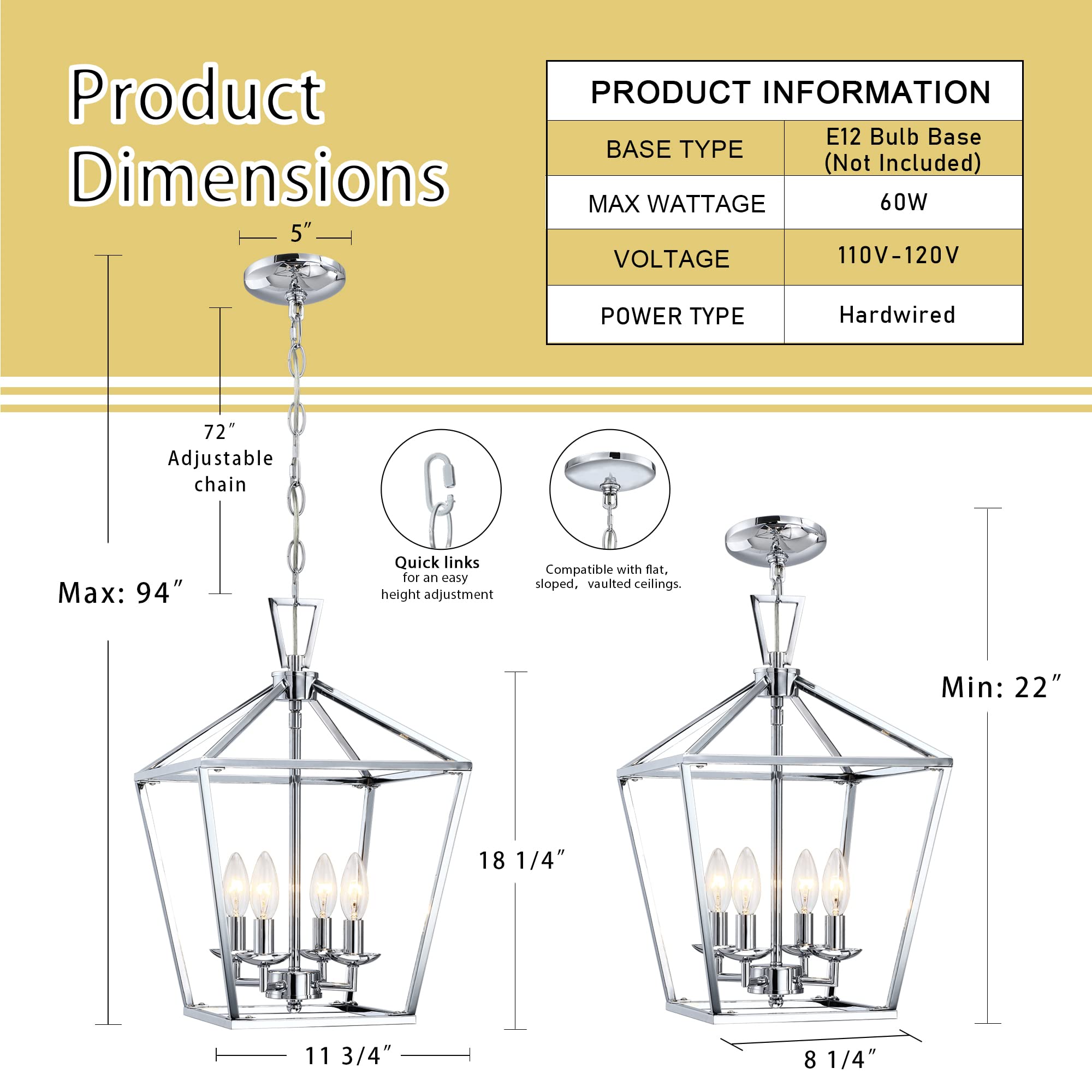 Untrammelife 4-Light Lantern Pendant Light Chrome Modern Hanging Pendant Light Fixtures With Adjustable Chain Metal Cage Dimmabl