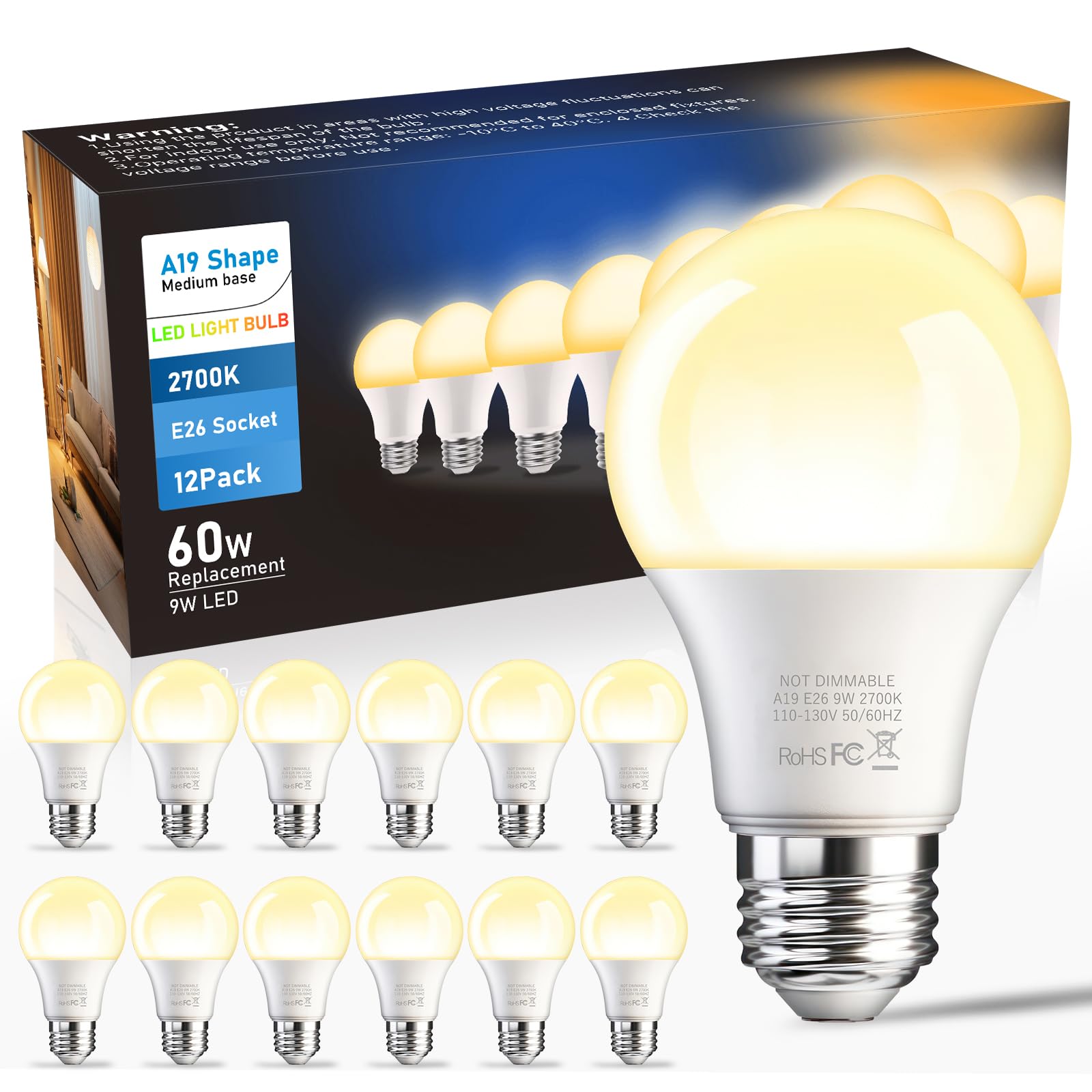 Btbhiho 12-Pack A19 Led Light Bulbs 60W Equivalent 806 Lumens, 9W 2700K Warm White Non-Dimmable, No Flicker, Super Bright Cri85+