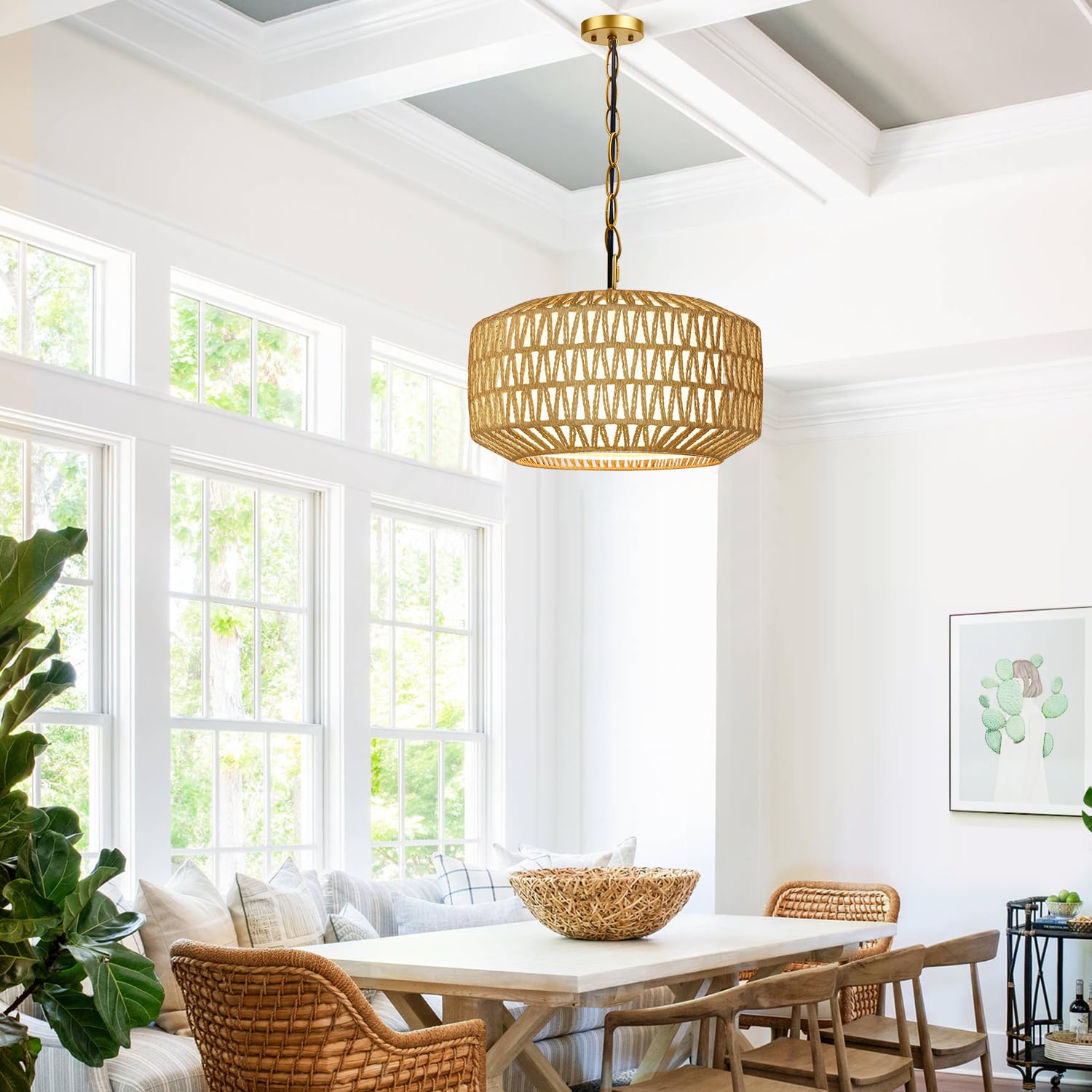 Lynnoland 19" Hand-Woven Rattan Chandelier Light Fixture, 5-Light Rustic Pendant, Gold, for Dining Room, Kitchen, Bedroom, Foyer