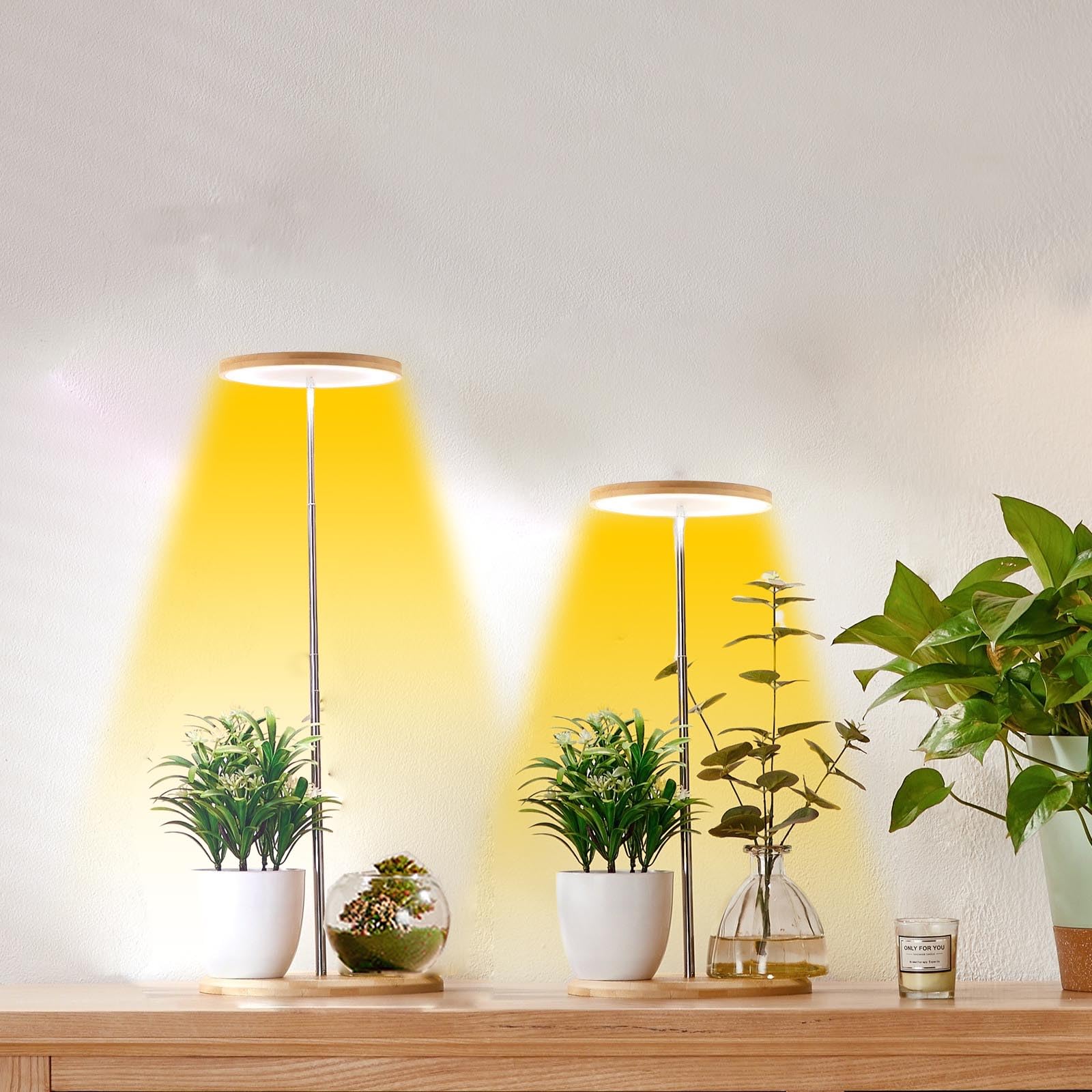 Yadoker Bamboo Mini LED Grow Light for Indoor Plants, Height Adjustable, 2 Pack, Automatic Timer 8/12/16 Hours, Model BAM-LTBS-PLUS-4-2PACK