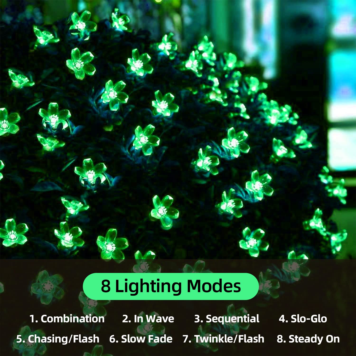 Iticdecor Solar Flower String Lights, 50 Led Green Waterproof Fairy Lights For Outdoor Garden, Patio, Fence, Spring Decor