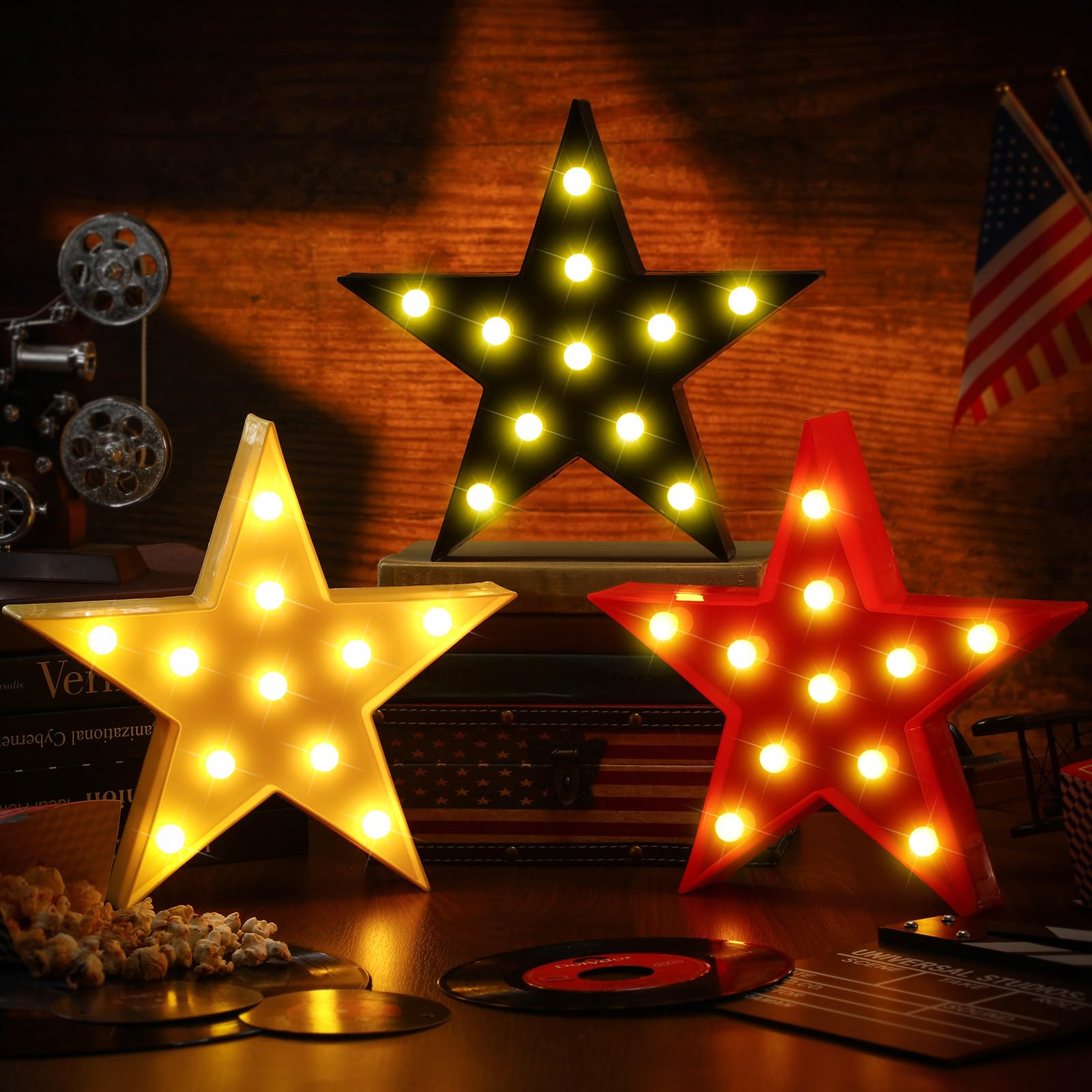 VIHOSE LED Star Signs - 3 Pcs Marquee Lights for Movie Theater Decor, Battery Operated, Red/Black/Warm, Model ANB-VIHOSE-52602