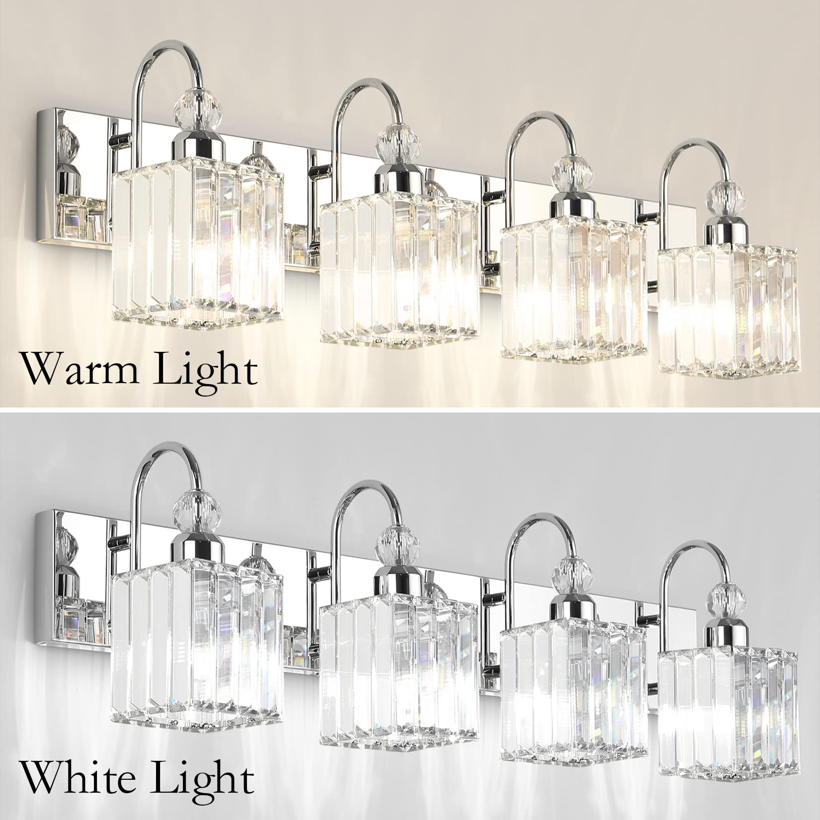 Ralbay Chrome Crystal Vanity Light 4-Lights 31.5'' Stainless Steel Modern Bathroom Lighting Over Mirror