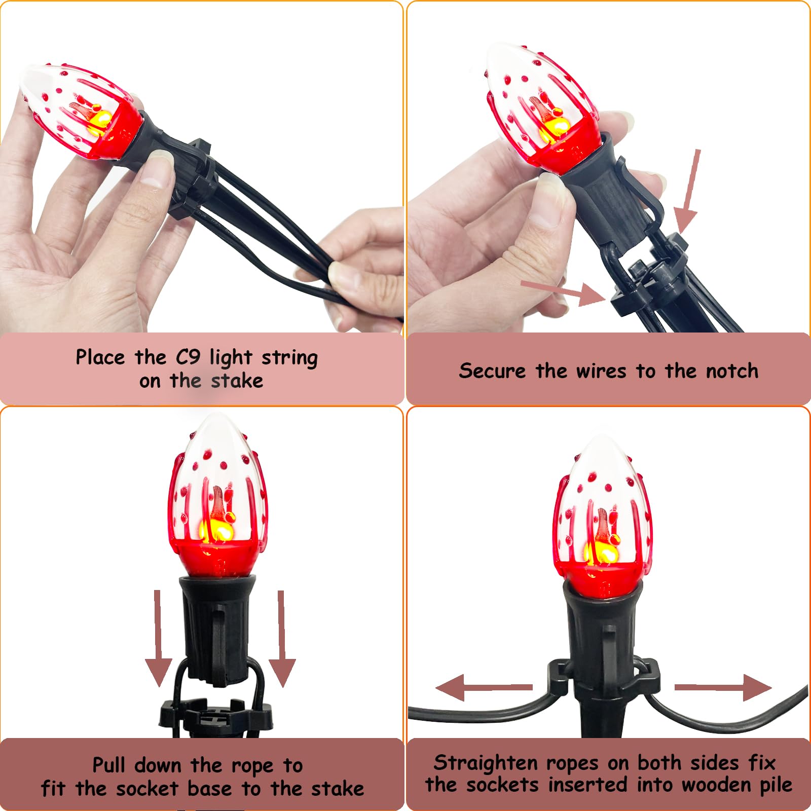 C9 Halloween Pathway Lights Outdoor, 38Ft Halloween Blood Teardrop Pathway String Lights With 25 C9 Flicker Flame Lights, Hallow