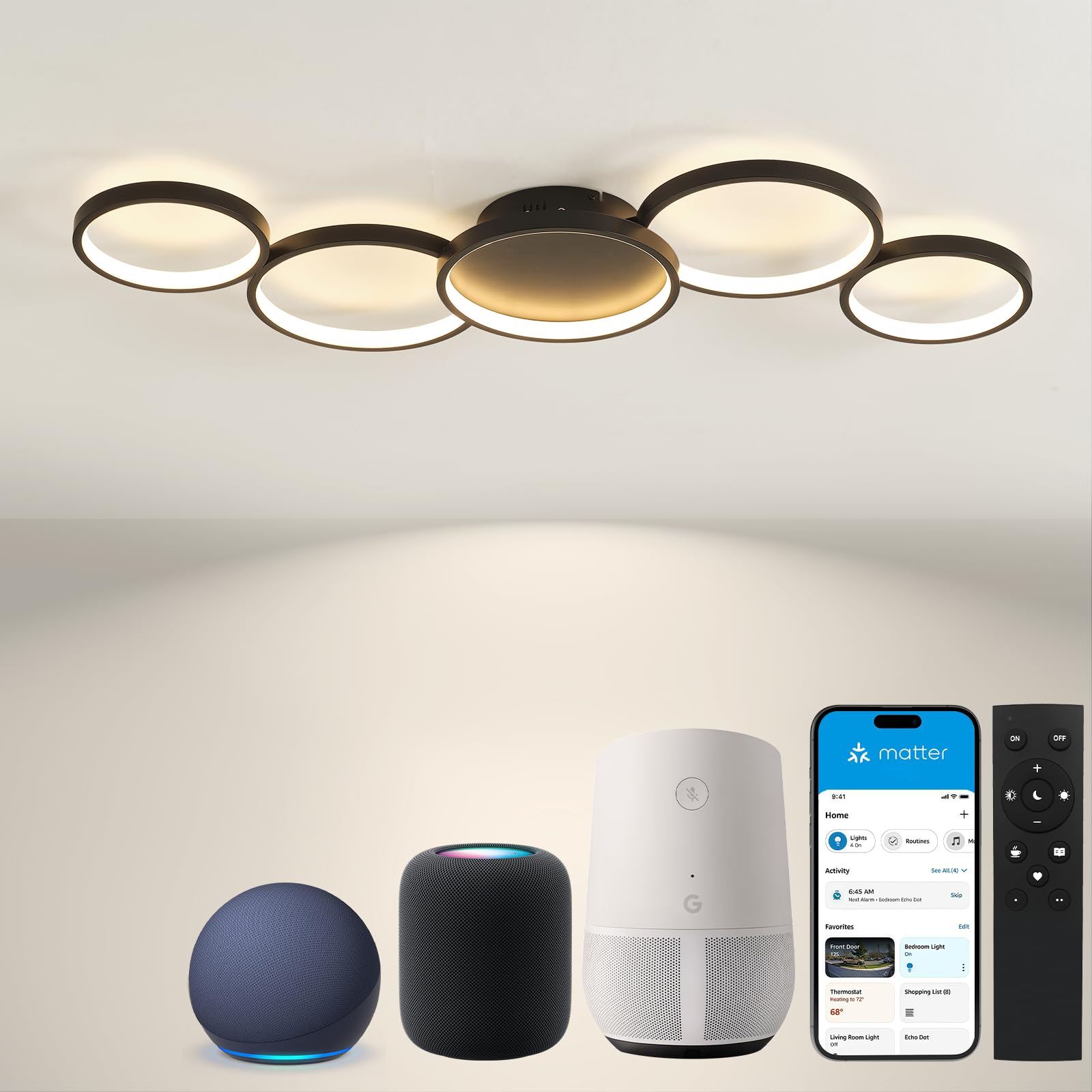 SKY ANGLE LED Smart Ceiling Light - Dimmable, Voice Control, Remote, Metal, Alexa/Black, Model JCF-SL9031-hei