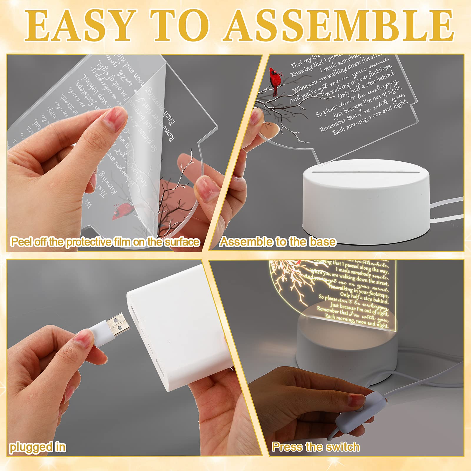 Coume Memorial Gift Night Light Clear Crystal Acrylic Heart Sympathy Gifts Sign Led Light Remembrance Bereavement Decor Condolen