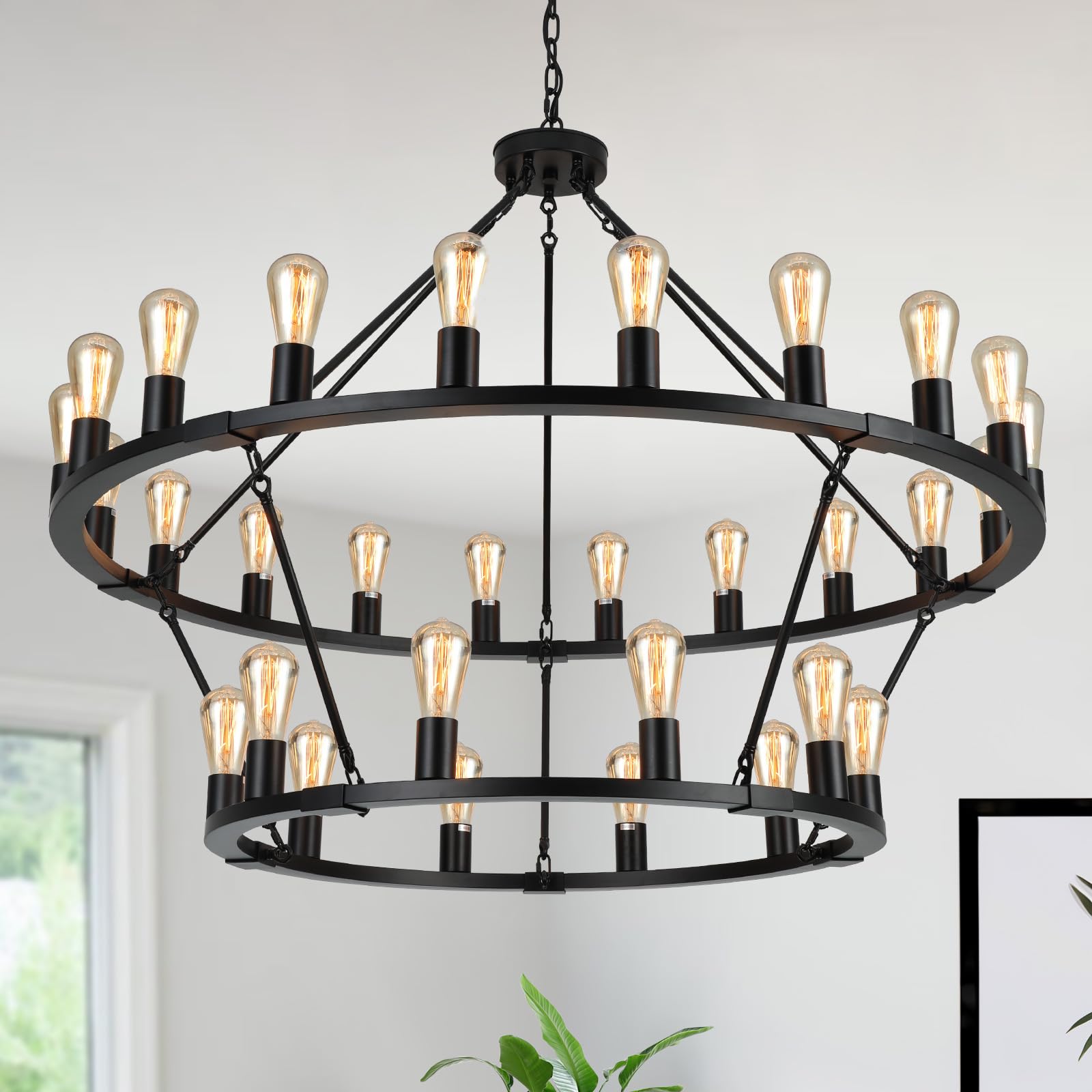 Senyshilon Large Black Wagon Wheel Chandelier, 30-Lights 48&quot; Farmhouse Light Fixture