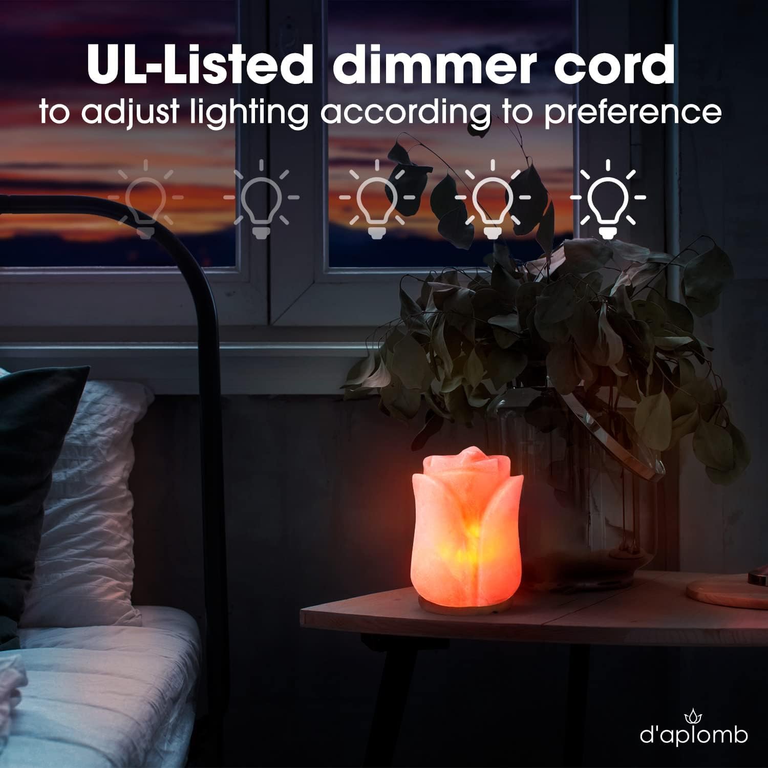 D'Aplomb Himalayan Salt Lamp - Hand Carved Pink Flower, Authentic Natural Crystal, Dimmer Cord