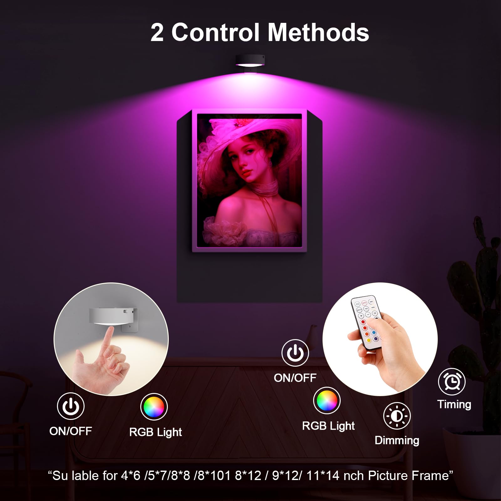 Narotood 3 Pack Picture Lights, 13 RGB Color, Battery Operated, Wireless Magnetic with Remote Control, White, Model 3BHD00012