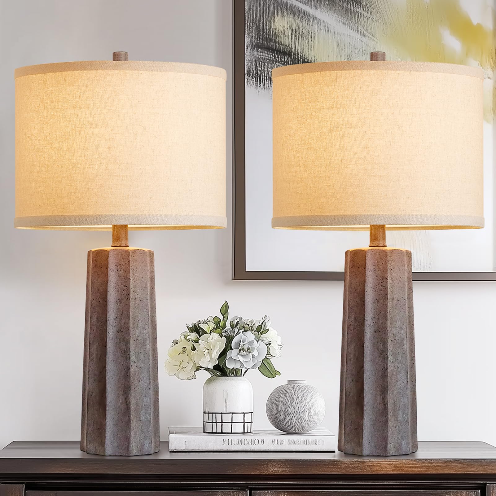 Roriano 24'' Farmhouse Resin Table Lamps Set Of 2 For Bedroom Living Room Vintage Traditional Desk Lamps Rustic Nightstand Bedsi