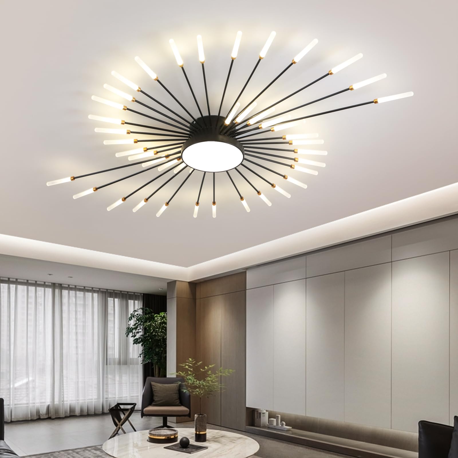 Jaymp Ceiling Light Modern Flower Shape Ceiling Lamp For Living Room Dining Room Flush Mount Metal Acrylic Sputnik Firework Petal Led Lighting Fixture (Matte Black, 42+1 Lights)