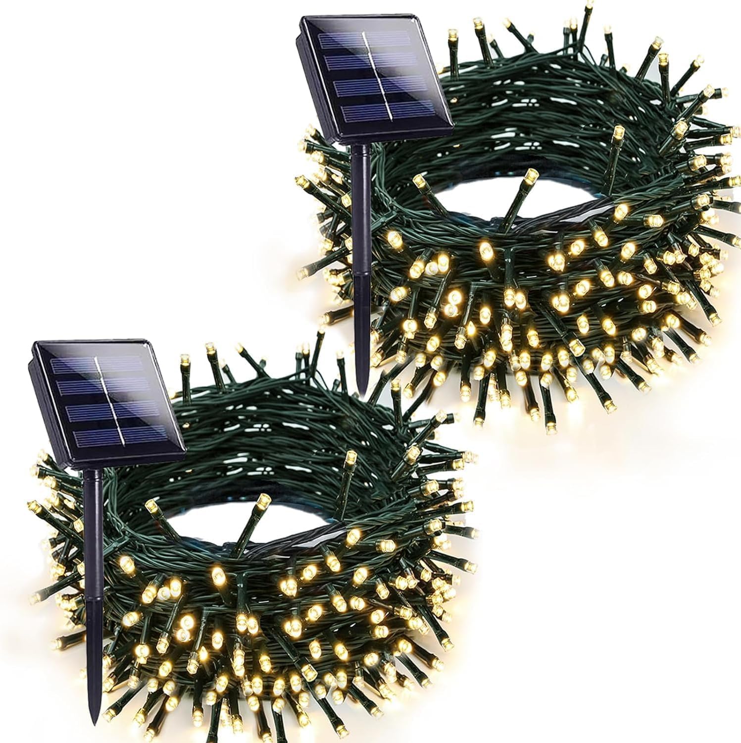EXF Warm White Solar String Lights 200LED 66FT 2 Pack Waterproof Green Wire with 8 Modes for Outdoor Christmas Decor