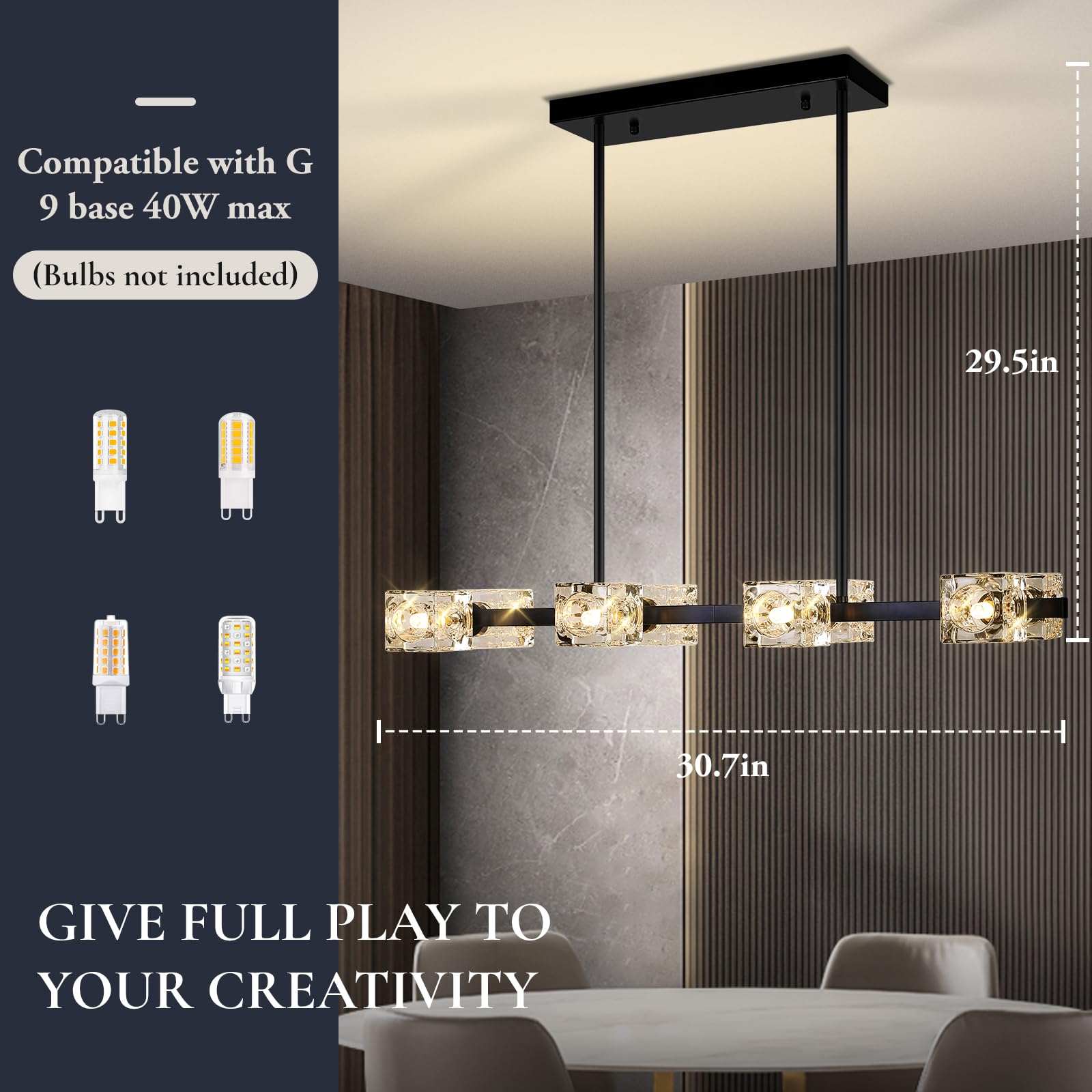 Black Chandeliers For Dining Room, Modern Crystal Pendant Lights Fixture With Cube Shade, 8-Lights Farmhouse Hanging Dining Ligh