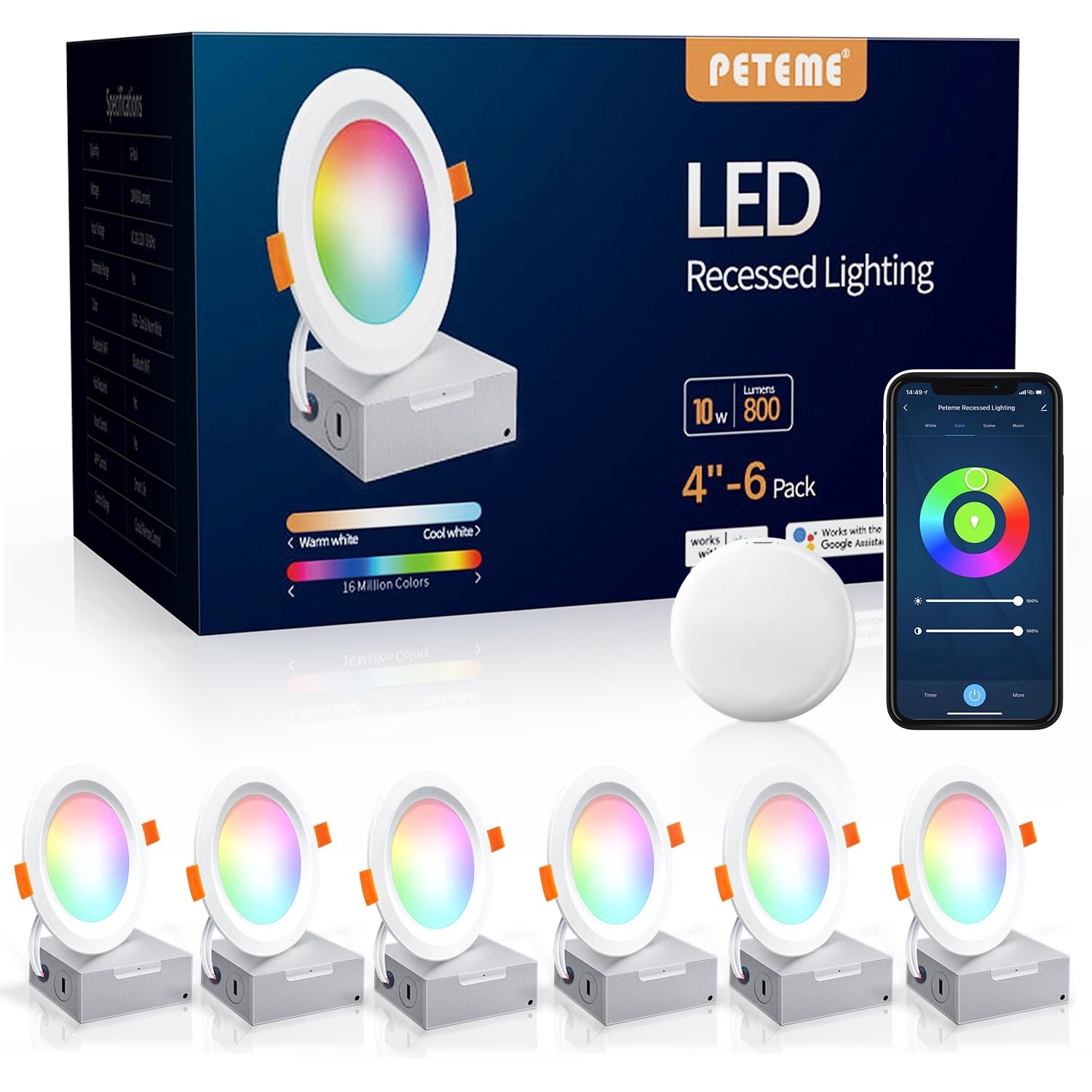 Peteme LED Smart Recessed Lighting, 4 Inch IC Rated, 800LM, Color Changing, Metal, 6 Pack, Model SG-SML10W-C01