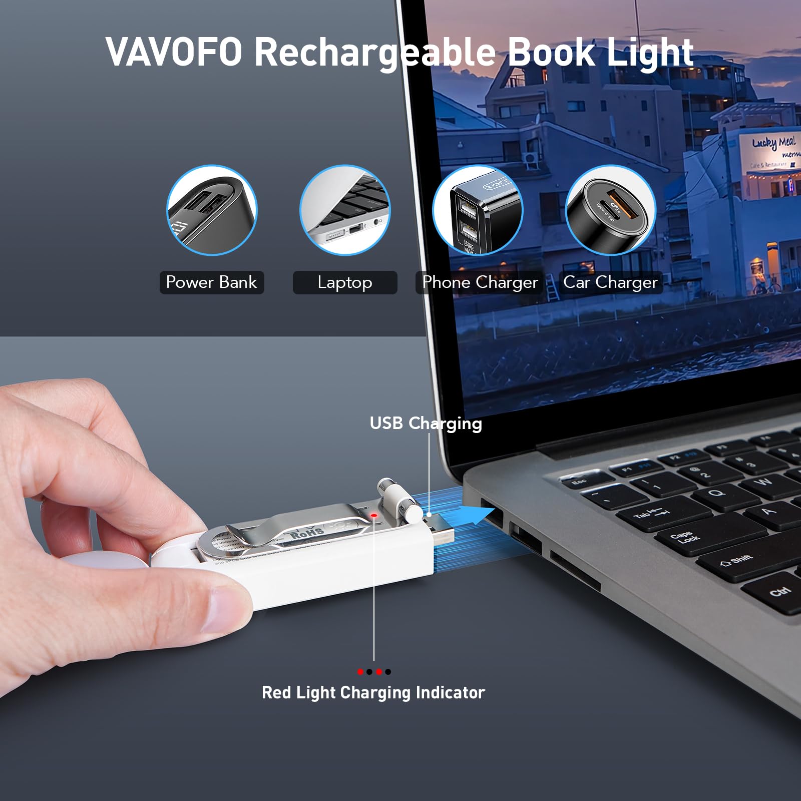 VAVOFO USB Rechargeable Book Light, Blue Light Blocking, Amber Light Clip On Bookmark Shaped Reading Light, Eye Care 6 LEDs Book