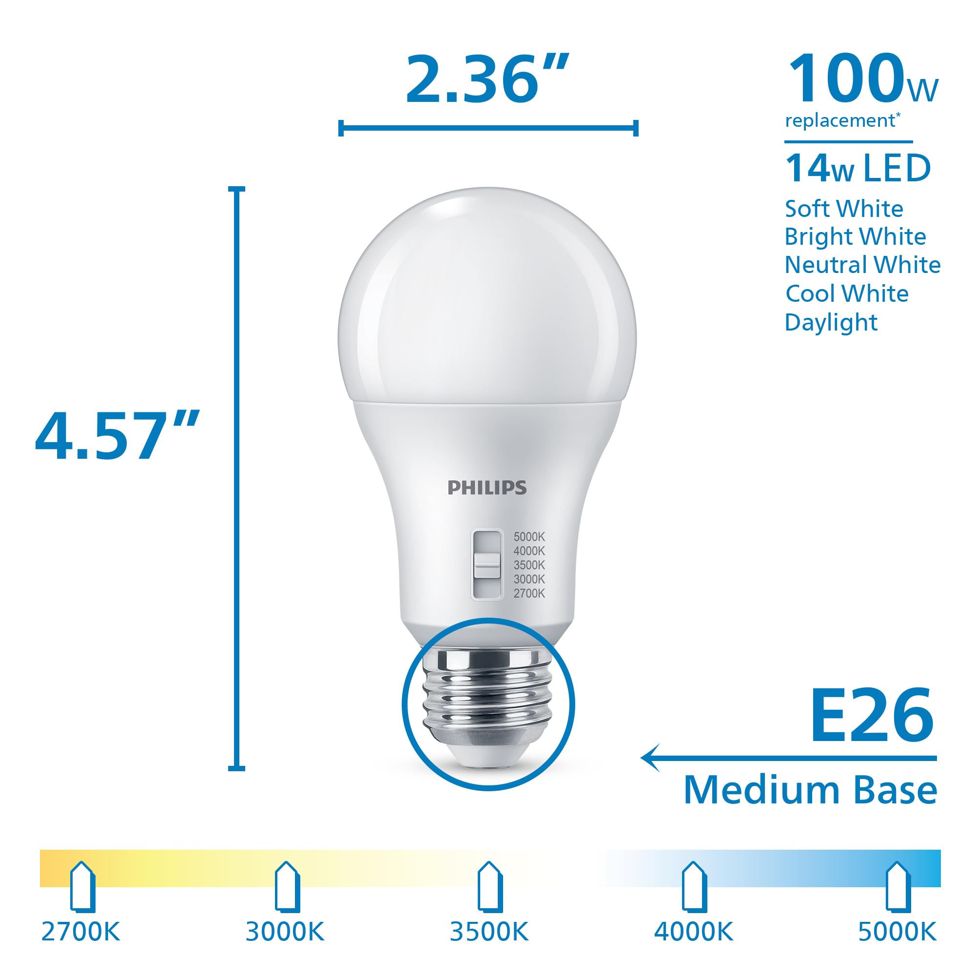 PHILIPS LED 100W A19 4-Pack Selectable White Multi-CCT 1500 Lumen (14W = 100W) Dimmable Flicker-Free Light Bulbs