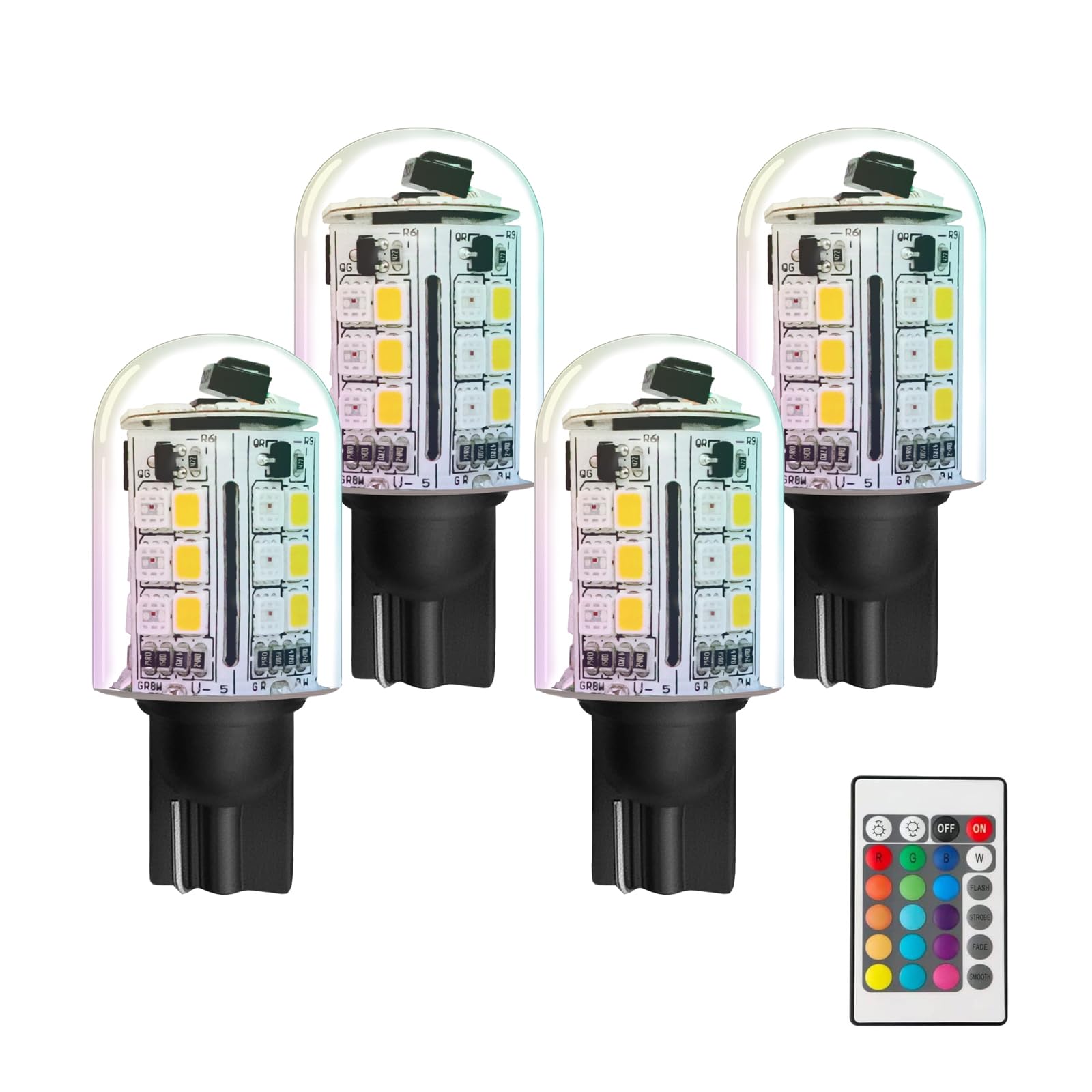 Cheopha RGB T5 T10 LED Bulbs with Remote Control, 4-Pack, Warm White + Multi Colors, Glass, 12V Low Voltage