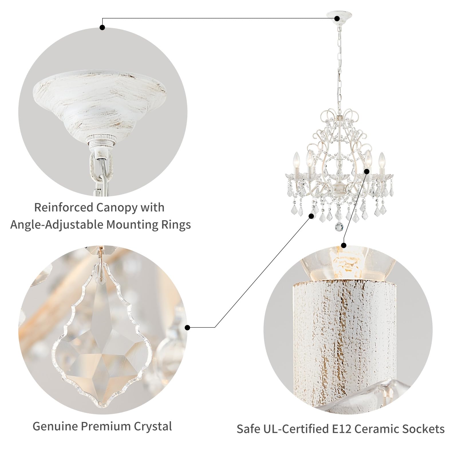 Wuzups 5-Light Crystal Candle Chandelier Pendant Ceiling Light Modern Lighting Fixture For Bedroom Hallway Bar Kitchen Bathroom  H 23.2 W 20.7  E12 Base  Rustic White