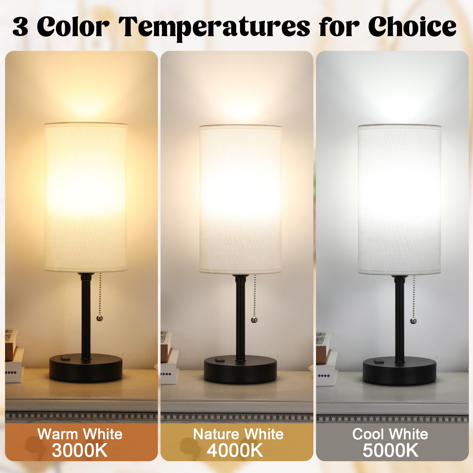 17.4Inches White Bedside Lamp For Bedroom Nightstand - Tall Lamp With Usb A + C Charging Port & Ac Outlet, 3 Color Temperatures