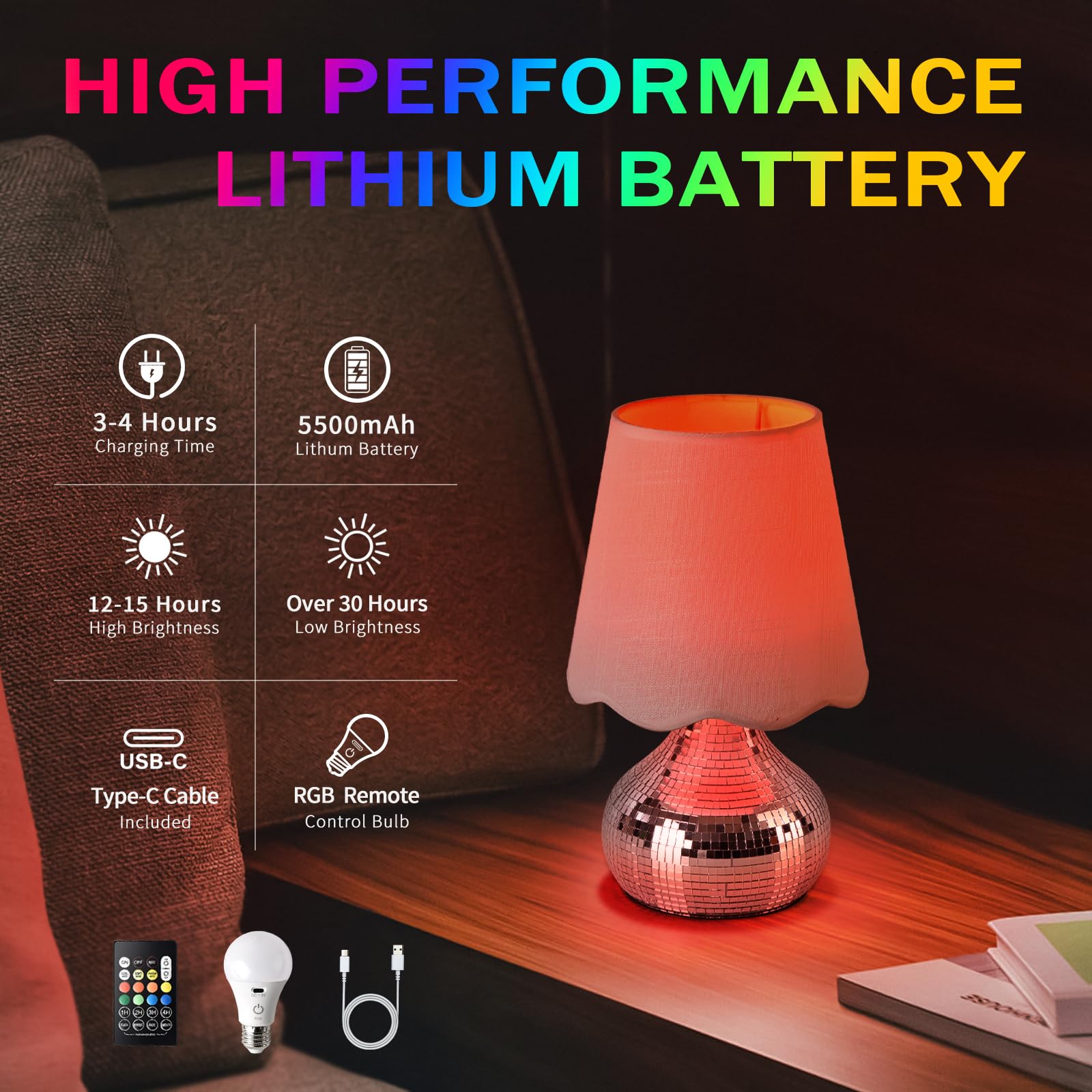 Rechargeable Cordless Small Funky Table Lamp, Battery Operated Remote Control Disco Mini Table Lamps for Bedroom Nightstand, Fun