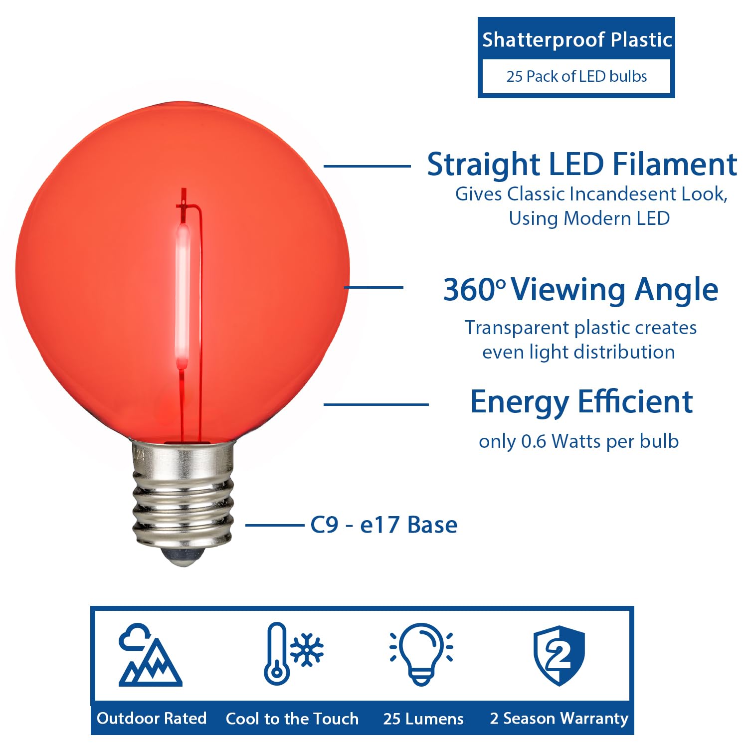 Novelty Lights 25 Pack G50 Led Light Bulbs, E17 C9 Intermediate Screw Base Shatterproof Outdoor String Lights Red Globe Bulbs, E