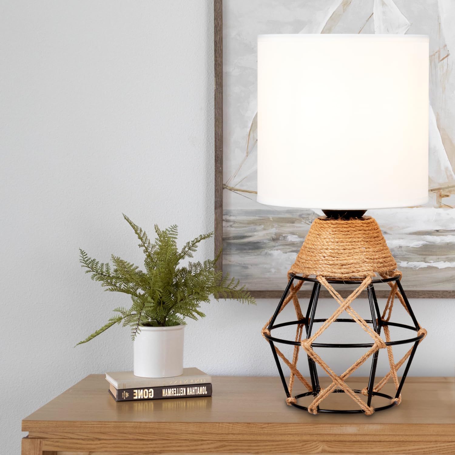 Hamilyeah Boho Lamp, Woven Table Lamp for Nightstand with On/Off Switch, Bedroom Lamp with White Fabric Shade, Simple Lamp for B