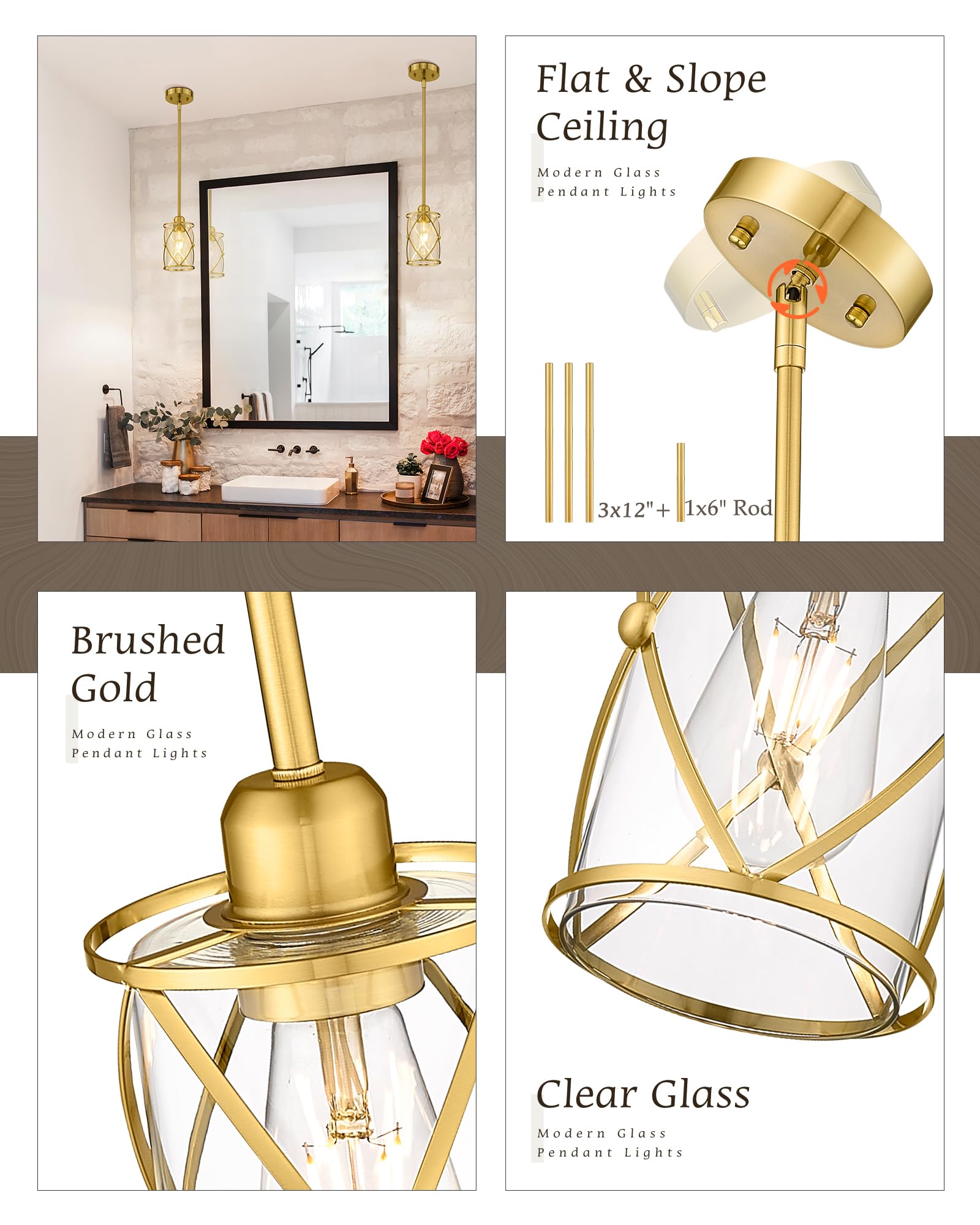 Osimir Brushed Gold Pendant Lights Kitchen Island 3 Pack, Glass Kitchen Pendant Lighting Over Island With Rod, Modern Mini Hangi