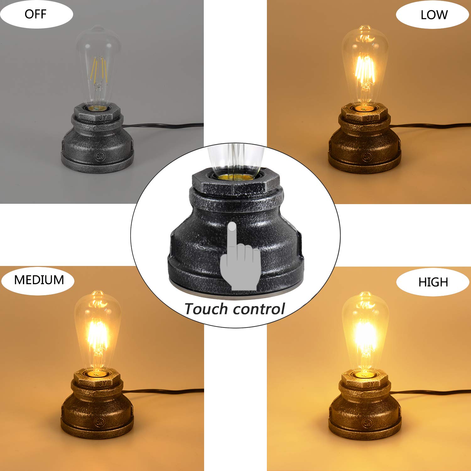 Lovefindahome Vintage Touch Control Table Lamp,Edison 4W Led Dimmable Bulb Included,With 3 Levels Of Brightness,Small Desk Indus