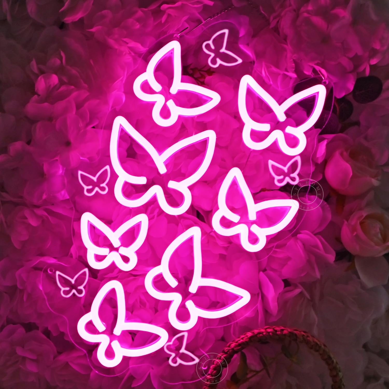 SYLHOME Pink Butterfly LED Neon Light Sign for Bedroom, Kids Room, 15.75in X 10.1in Decorative Wall Art, USB Powered