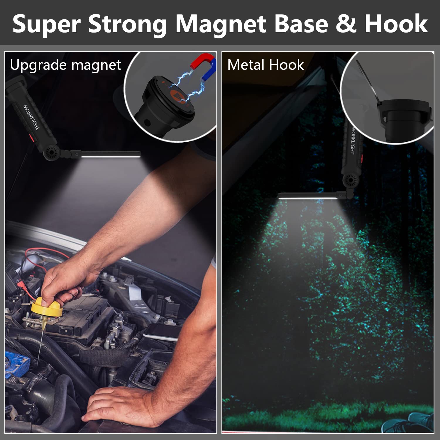 Working Light Portable, Rechargeable Work Lights With Magnetic Base Hanging Hook,360° Rotate 5 Modes,Cob Led 800 Lumens Foldable Inspection Light For Car Repair, Grill And Outdoor Use(2Pack)