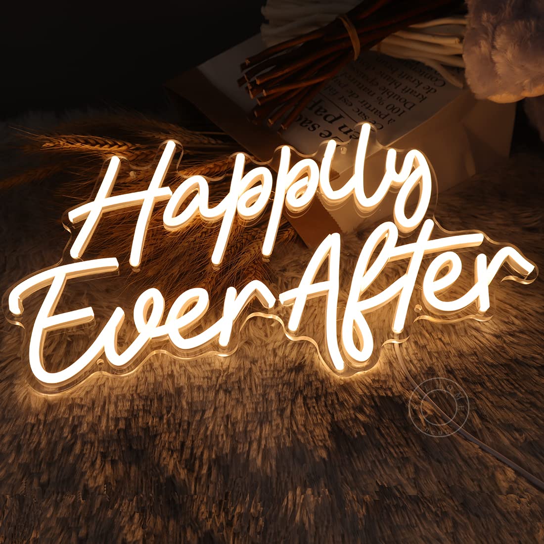 SYLHOME LED Neon Light Sign, Happily Ever After, Warm White, 15.8inx9.2in, Model NS-RC5VD-AMZ, Home Decor, Wedding/Birthday Gift