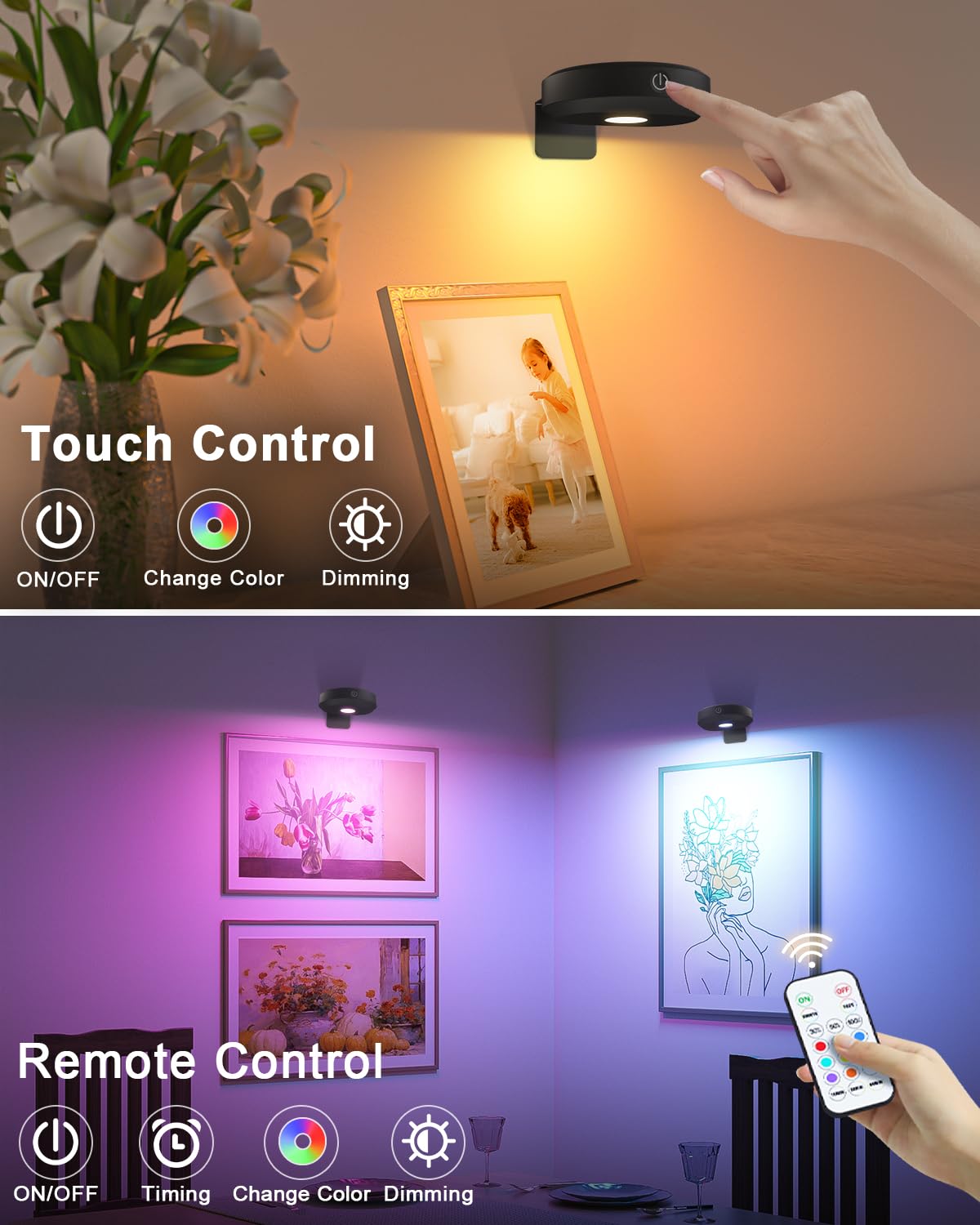 WILLED RGB Picture Lights, Battery Operated, Dimmable & Timer, Wide Beam, Model WUS-047, Color: Black RGB