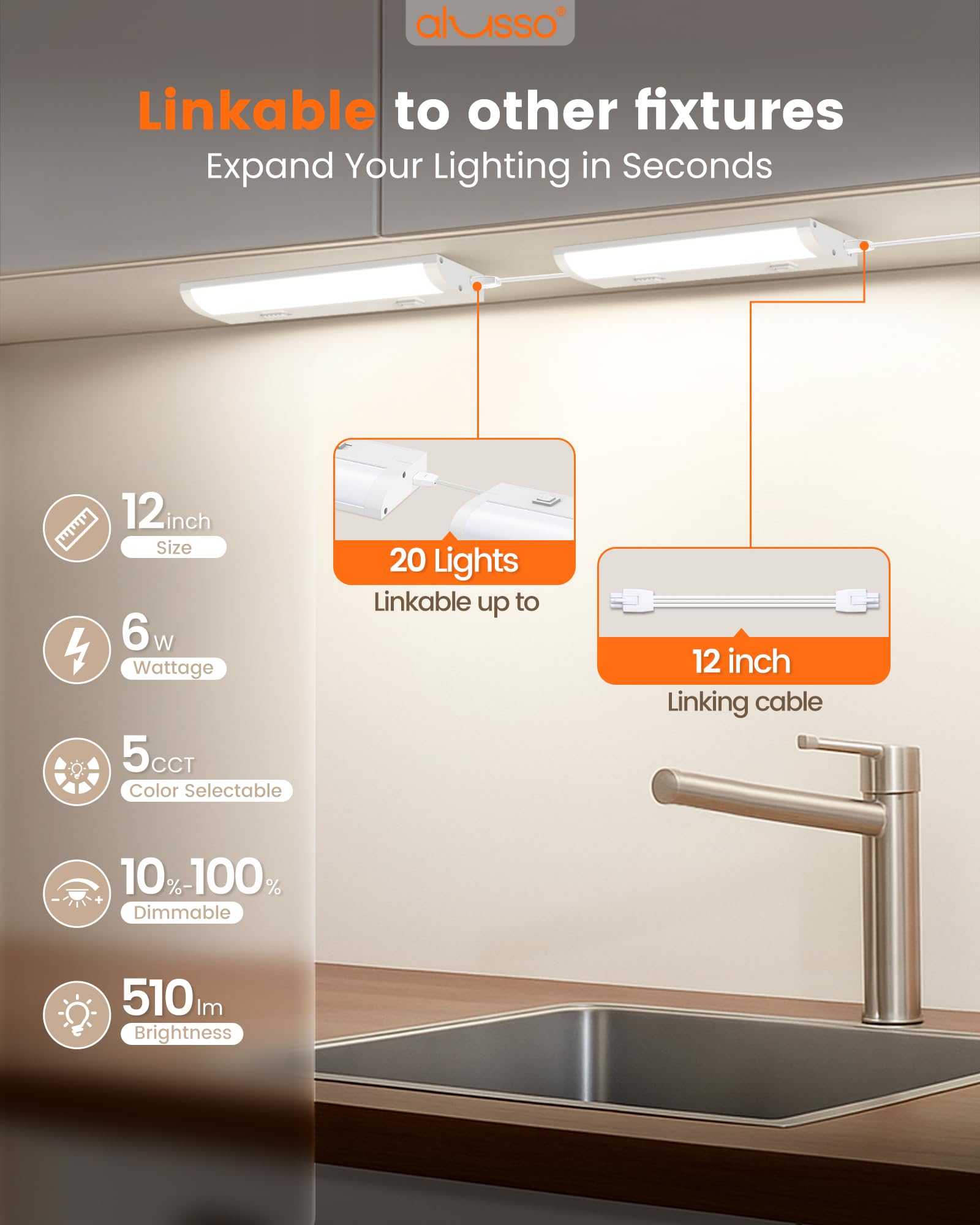 Alusso Lighting?12 Inch Led Under Cabinet Lighting Hardwired & Plug In  5Cct Color Selectable 2700K-5000K Dimmable 6W 510Lm High Brightness  Linkable Strip Under Counter Lights For Kitchen  1 Pack
