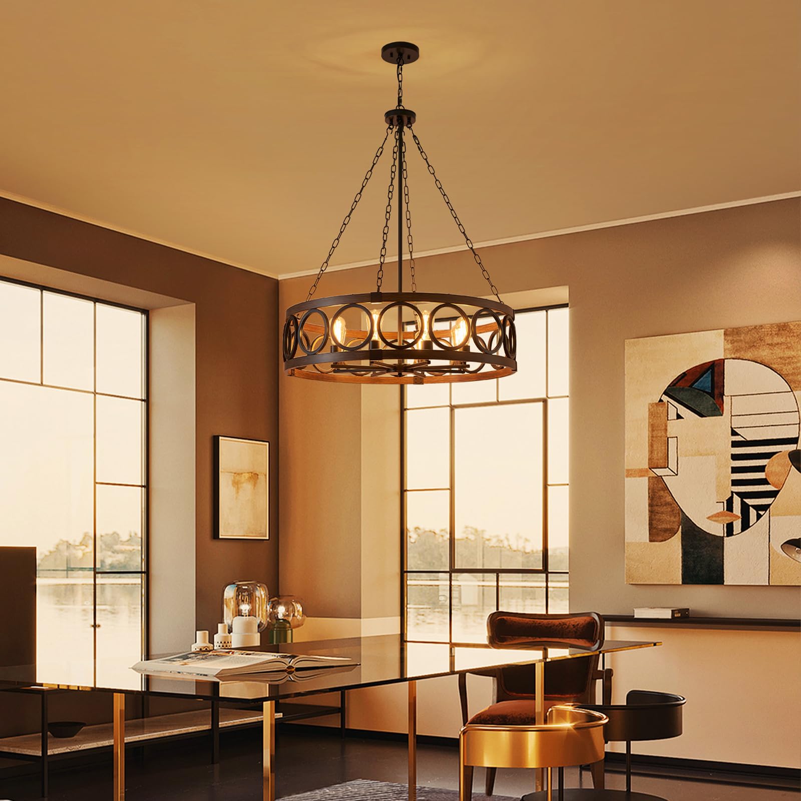 XINGQI 8-Light Modern Farmhouse Chandelier, Large Black Drum Pendant Light, Metal Shade with Wood Grain Finish for Living Room and Dining Room