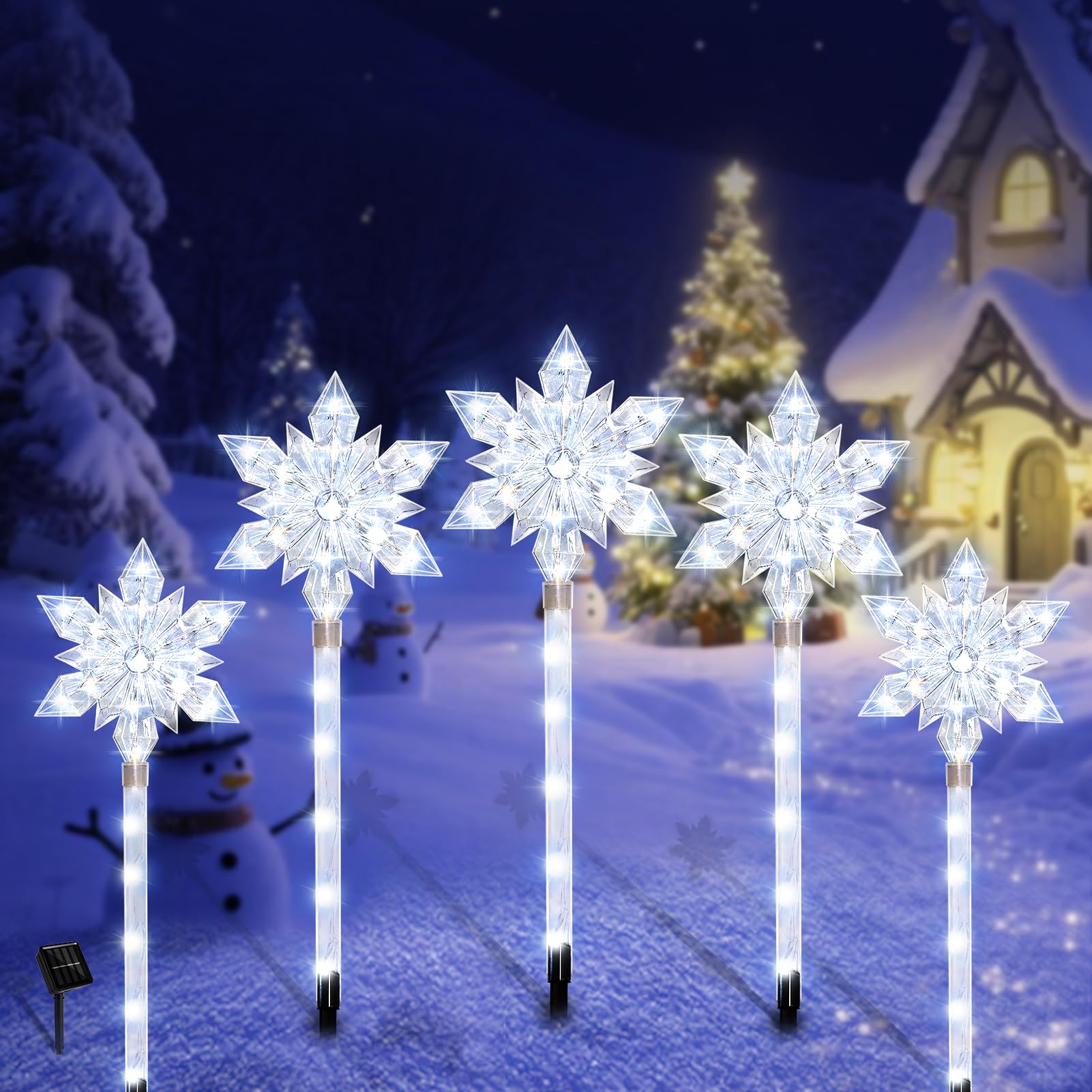 Snowflake Solar Christmas Pathway Lights  Set of 5 LED Outdoor Stake Lights  Waterproof Christmas Decorations for Garden  Yard  Lawn  Walkway  Patio Decor (5pcs Cold White)