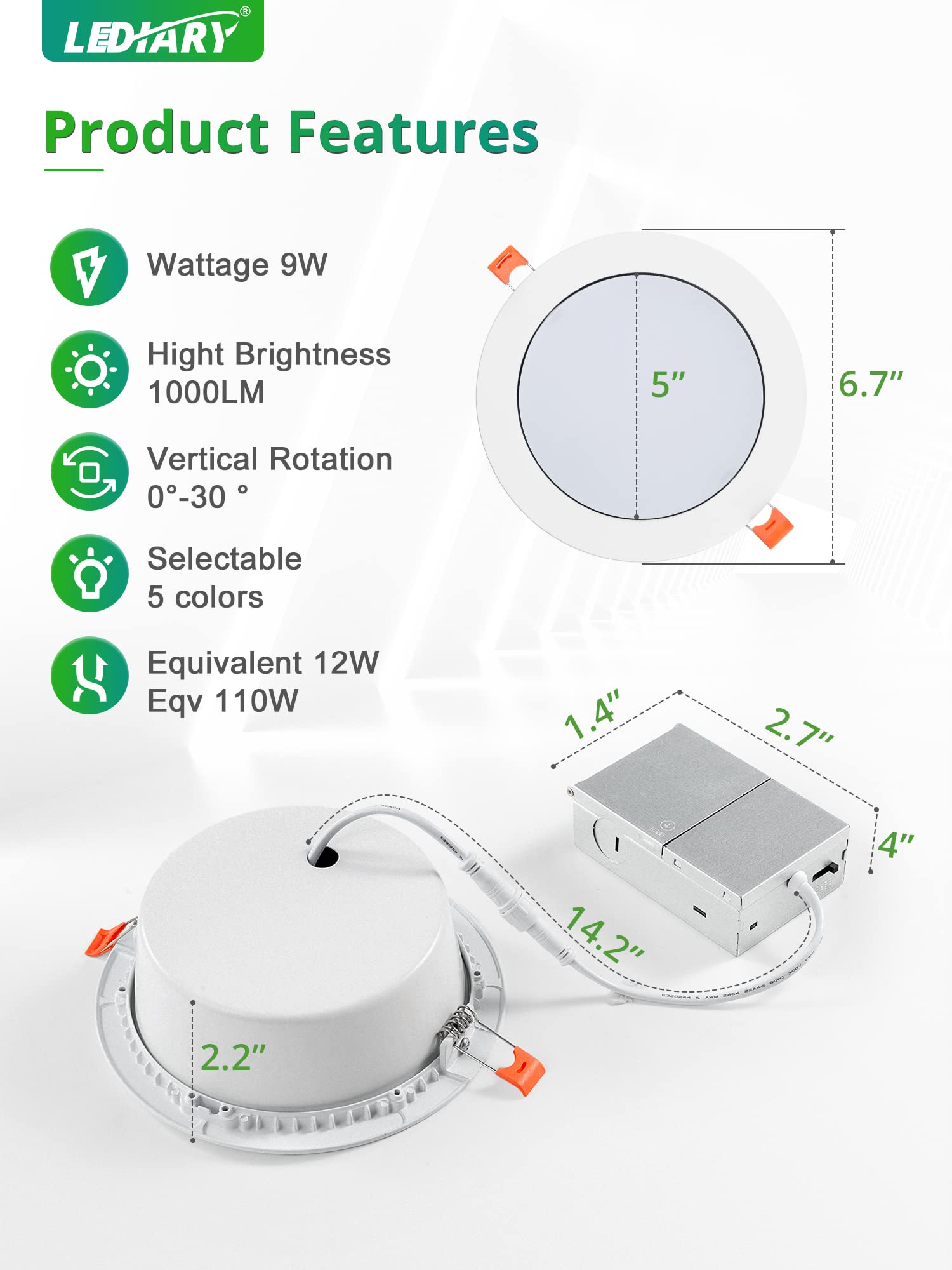 LEDIARY 6 Pack Gimbal LED Recessed Lighting 6 Inch, 5CCT Adjustable Recessed Light Slim Selectable 2700K-6000K,750LM Air Tight C