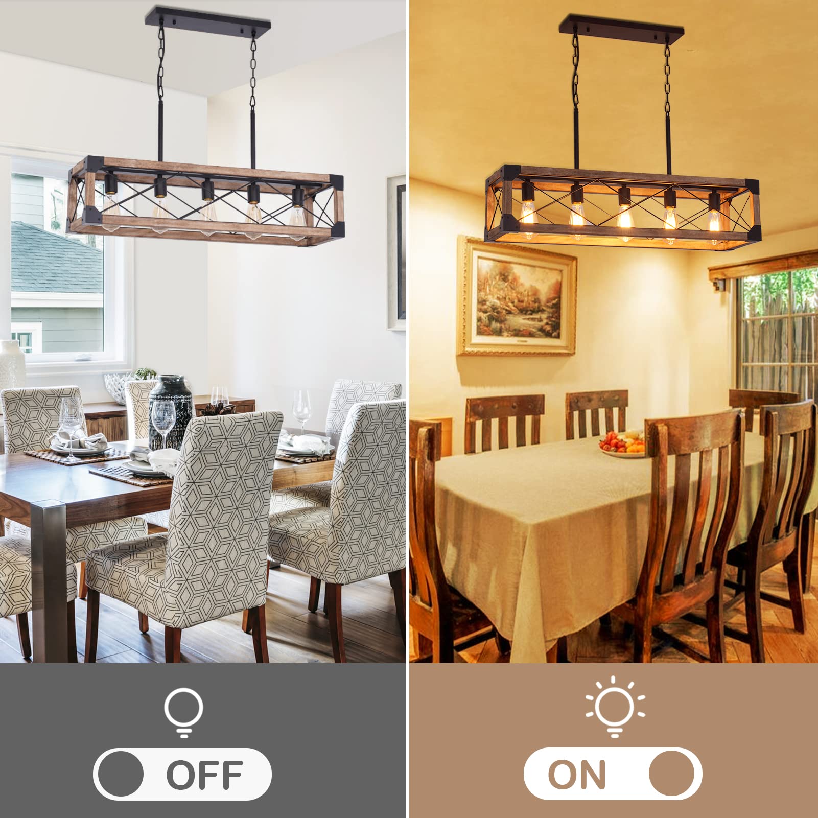 Bribyit 5-Light Farmhouse Kitchen Island Chandelier - Brown Wood Dining Room Fixture