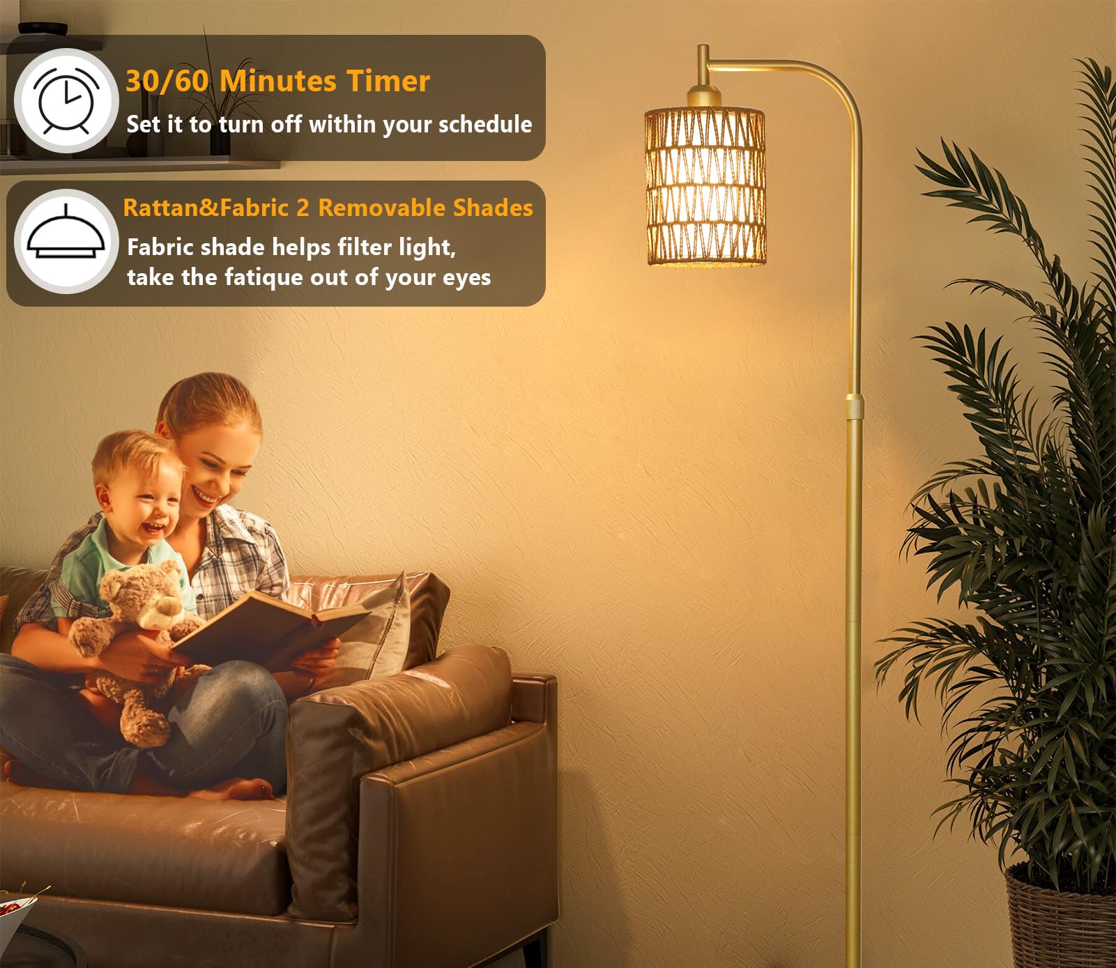 Lamsu Modern Gold Floor Lamps For Living Room, Boho Rattan Floor Lamp With Remote & Dimmable Led Bulb, Farmhouse Standing Lamp W