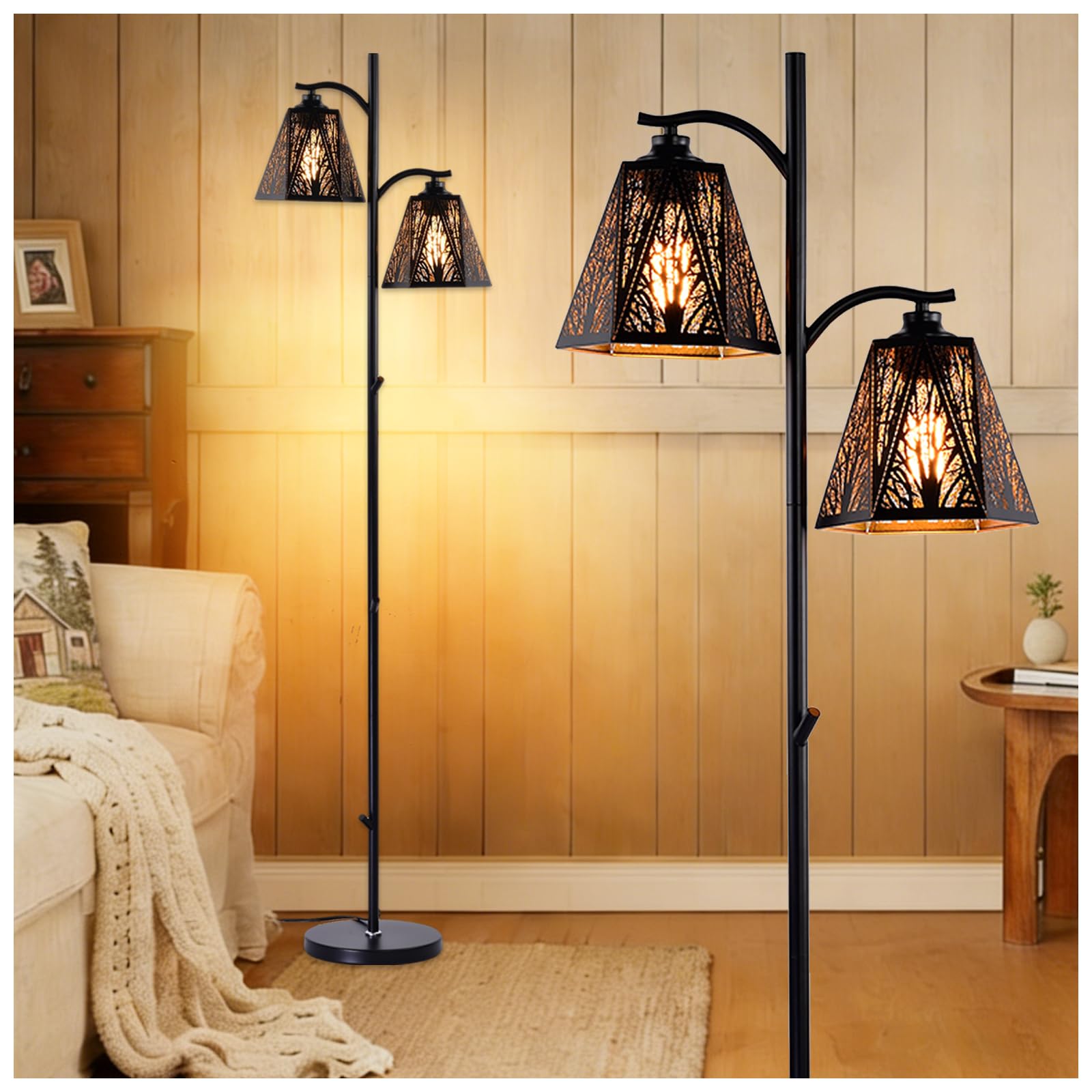 SendaLife Tree Floor Lamp,2-Light Black Metal Forest Cutout Shade Branch Standing Lamp,64.56 Rustic Farmhouse Floor Lamp for Liv