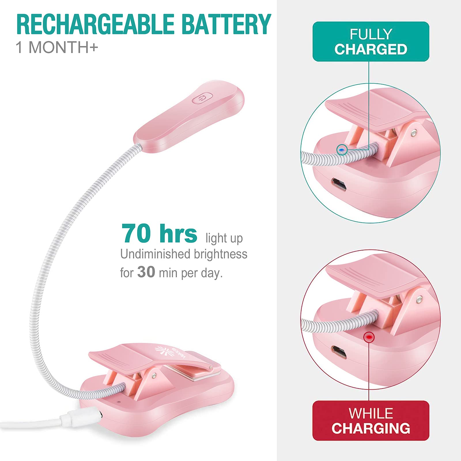 Vekkia Rechargeable Book Light - 3 Colors, 3 Brightness Levels, Lightweight, Up to 70 Hours, Model BK-03-PK, Pink