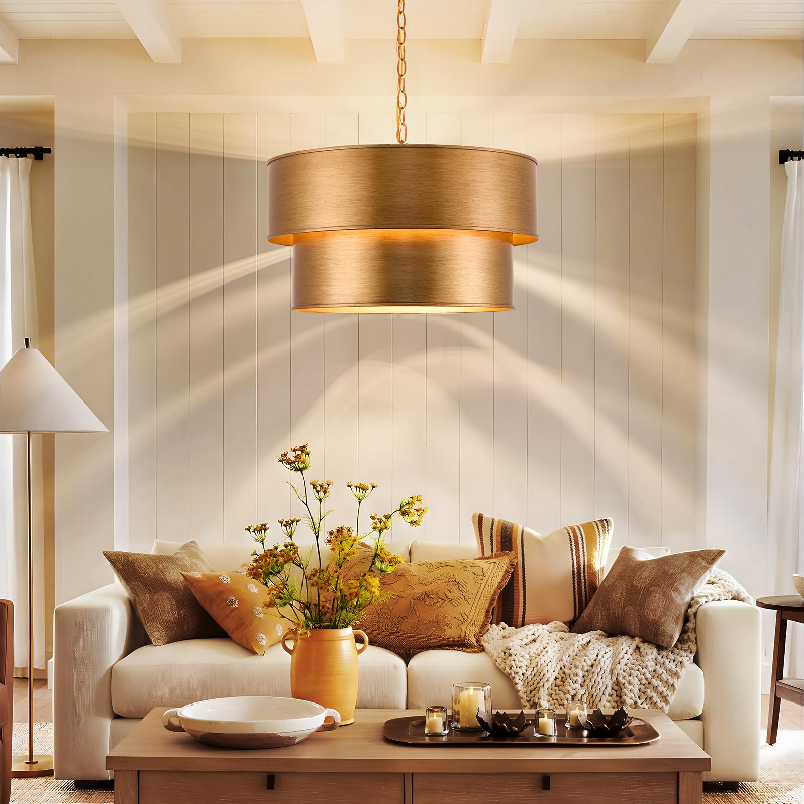 Gold Chandelier Light Fixture  21 Drum Chandeliers with 2-Layer Antique Bronze Metal Shade  6-Lights Large Pendant Light Fixture  Chandeliers for Dining Room Bedroom Living Room Kitchen Island Foyer