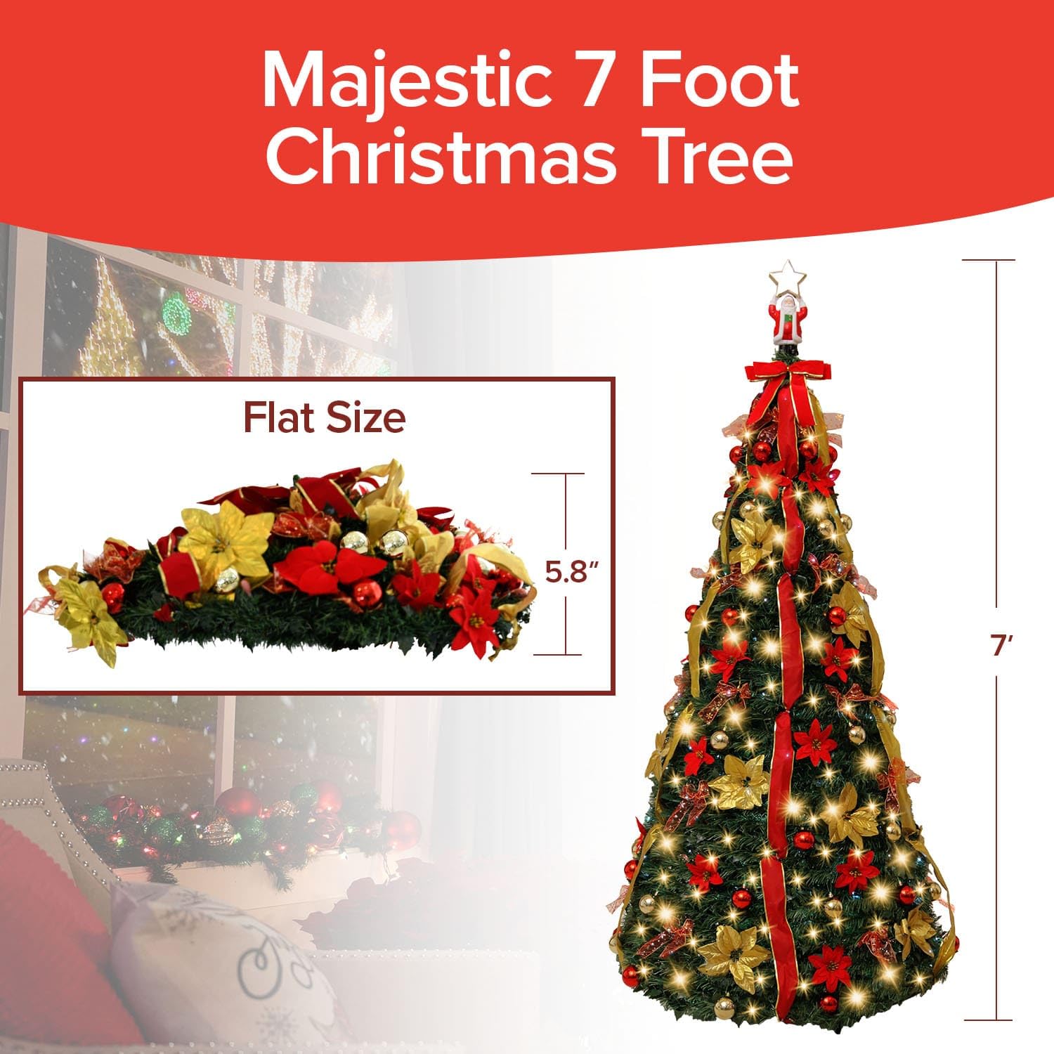 Star Shower Superstar Santa Pop-Up Christmas Tree, 7FT, Pre-Lit with 200 LED Lights, Santa Topper, 32 Modes, Red/Green