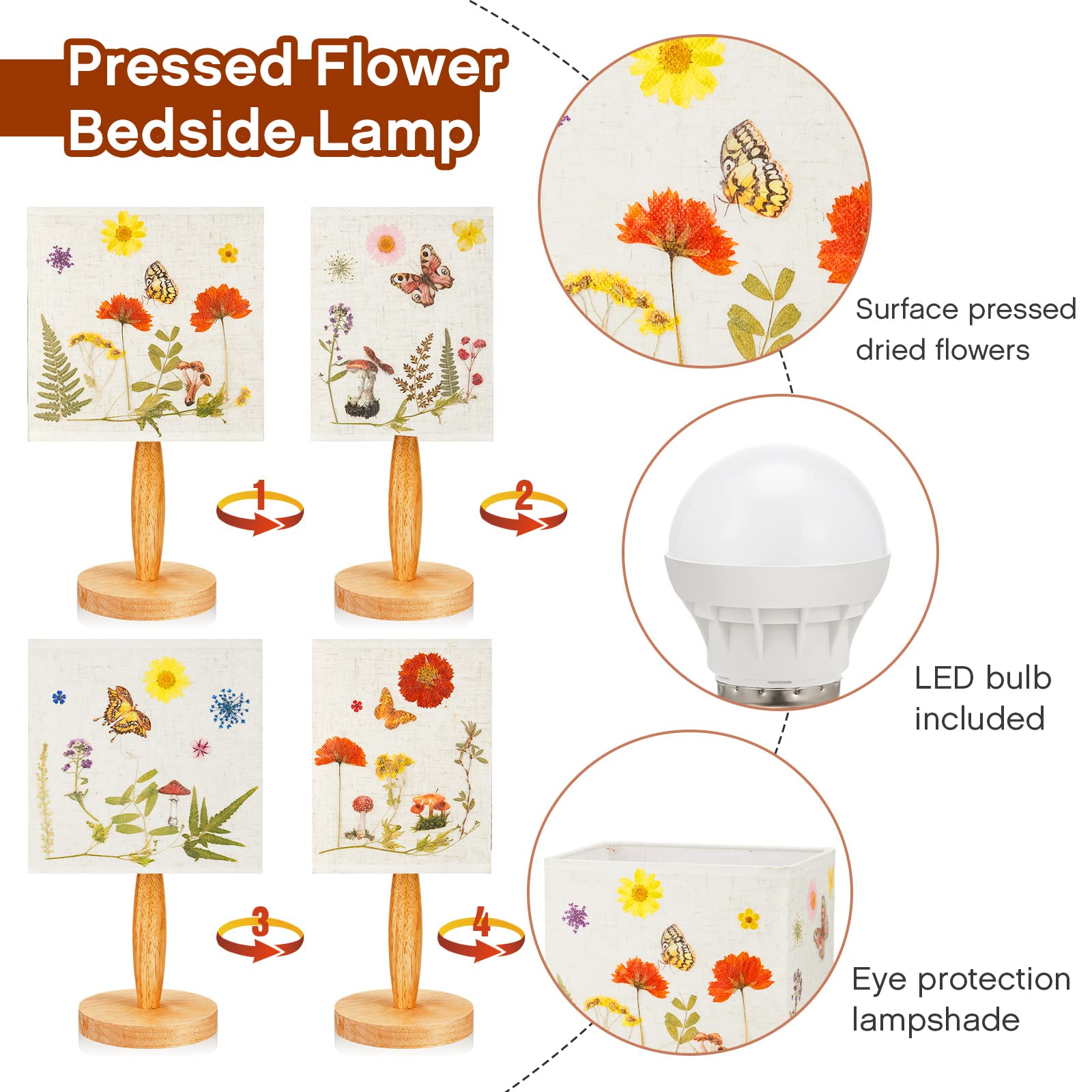 Hortsun Pressed Floral Lamp - Vintage White Bedside Lamp for Bedroom & Office Decor, Model 6c1d11fa, 1 Pcs, Vibrant Style