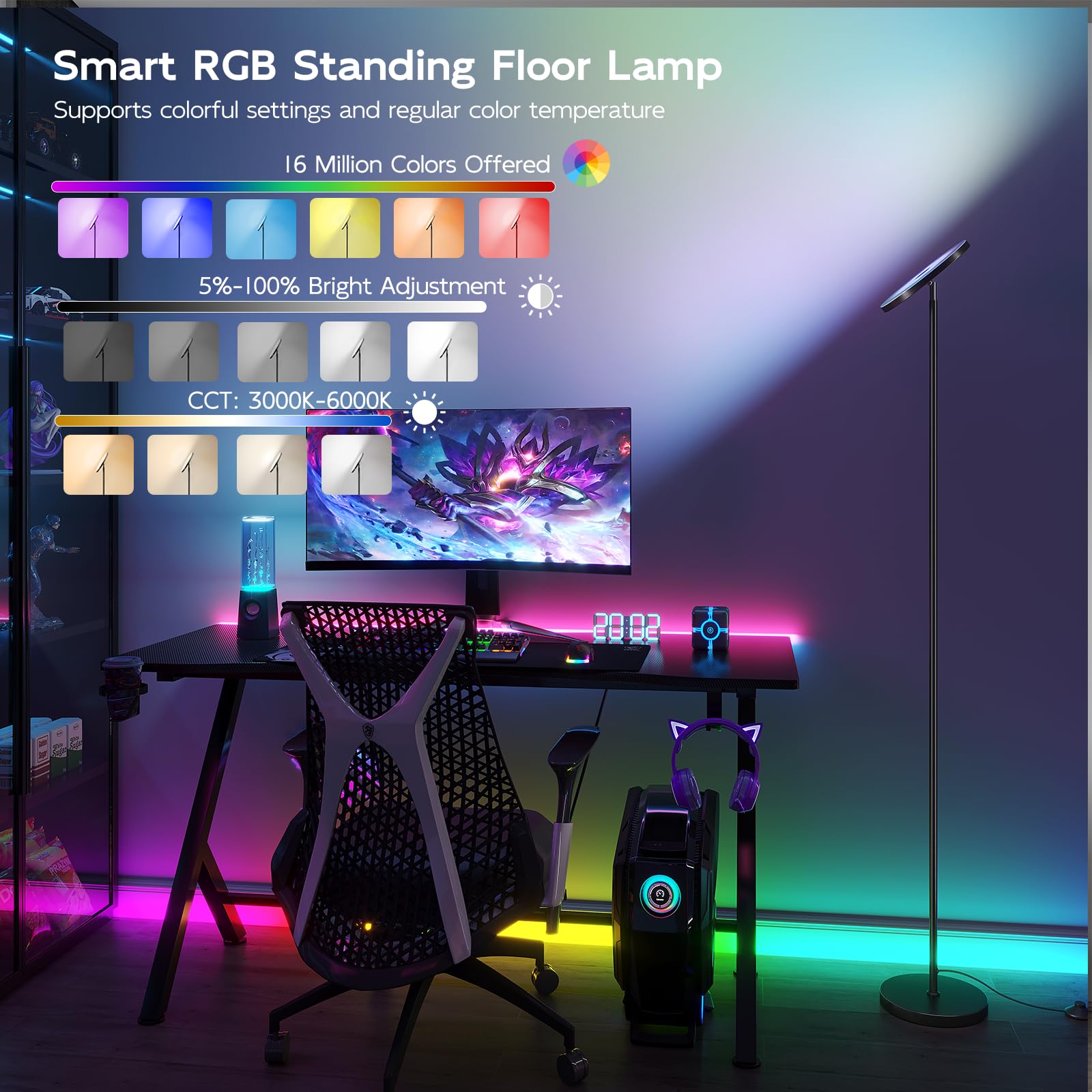Sunmory Smart Rgb Floor Lamps For Living Room, 32W Bright Led Floor Lamp With App And Remote Control, Tall Standing Lamp With St